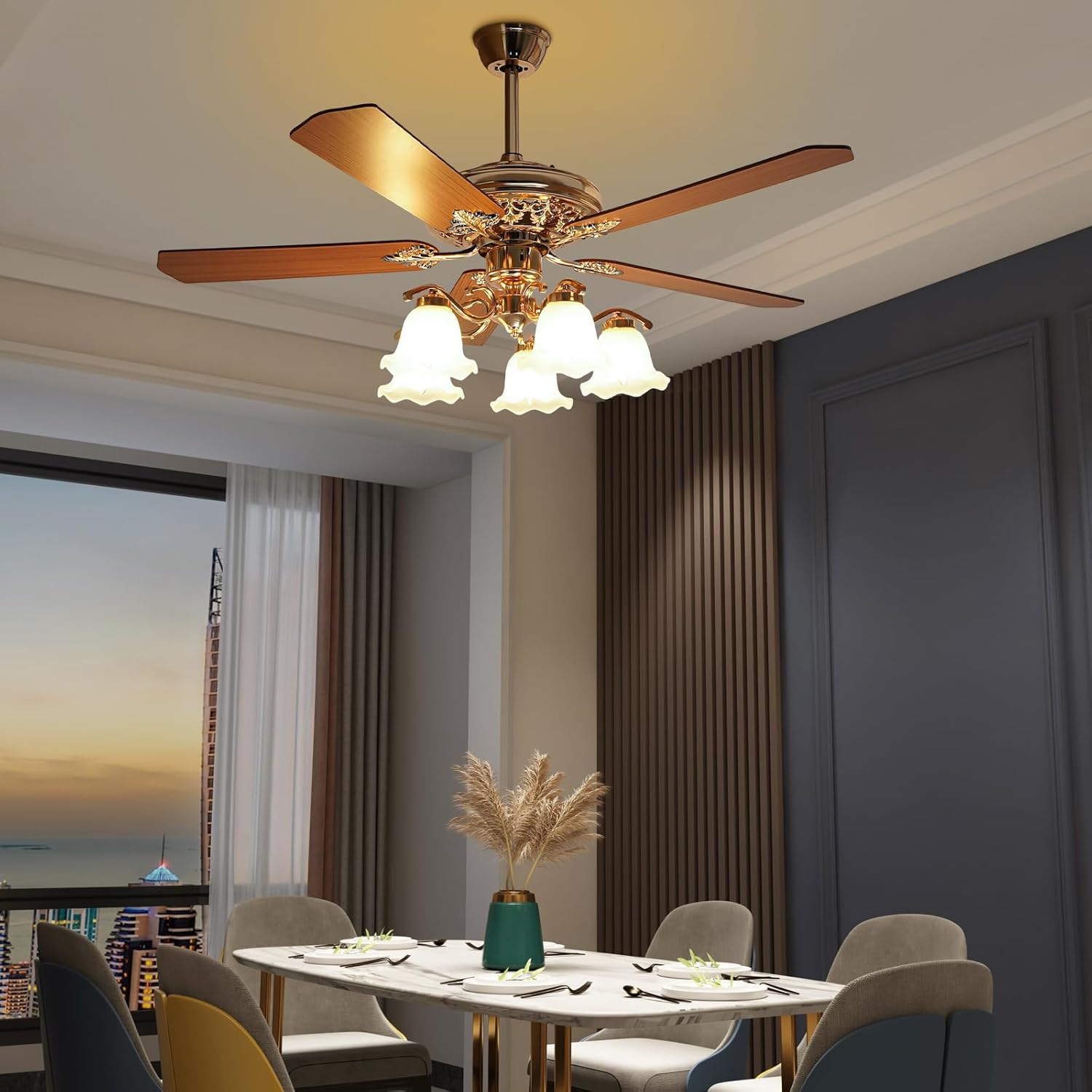 52" Vintage Ceiling Fan with Light - Remote Control 6-Speed Flush Mount Fan with LED, 5 Wood Blades for Bedroom/Living Room/Dining Room (Gold,5203CFM)