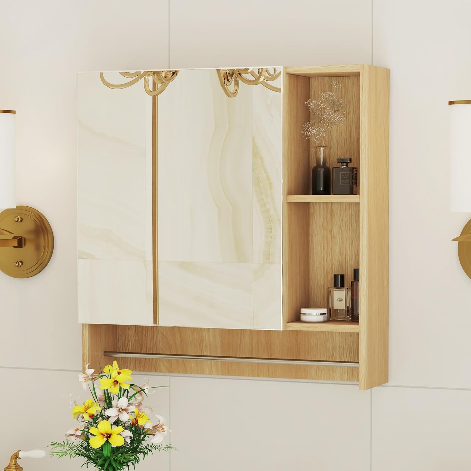 Bathroom Mirror Cabinet Wall Mounted,Medicine Cabinet,Over The Toilet Storage Cabinet with Shelves and Towel Rack for Bathrooms,Kitchens, Entryways Burly Wood (Burly Wood)