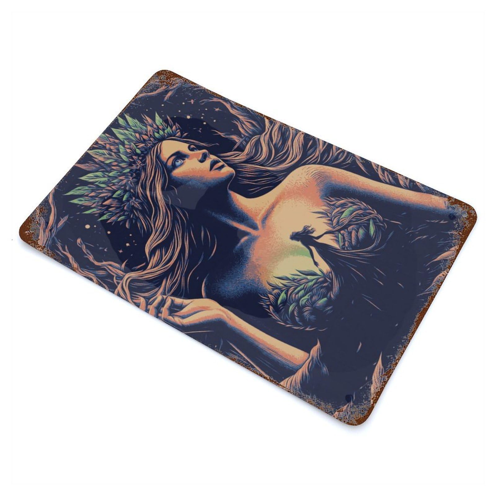 Forest Nymph with Crown 11.8"x7.9" Aged Metal Wall Plaque, Classic Wall Plaque for Basement, Hobby Room And Garage Decor