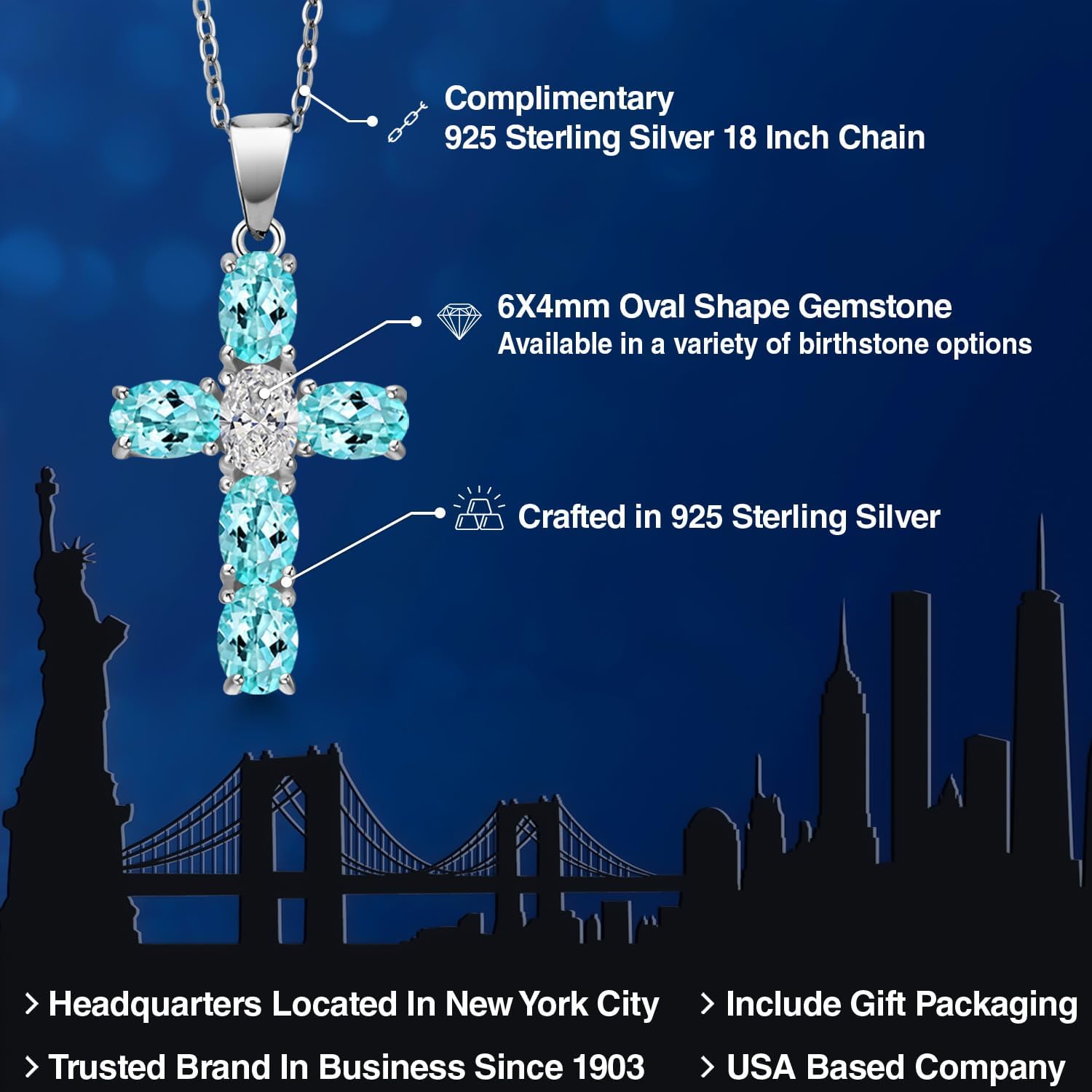 Gem Stone King 925 Sterling Silver Blue Apatite and Lab Grown Diamond Cross Pendant Necklace for Women | 3.02 Cttw | Gemstone Birthstone | Oval 6X4MM | With 18 Inch Chain - Image 2
