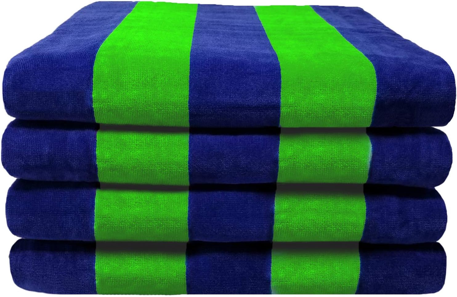 Black & White Brands 100 Percent Plush Cotton Velour Beach/Pool Towel Set. Indigo Blue/Gecko Green 4 Piece Cabana Stripe (Large 30x60 425 GSM)