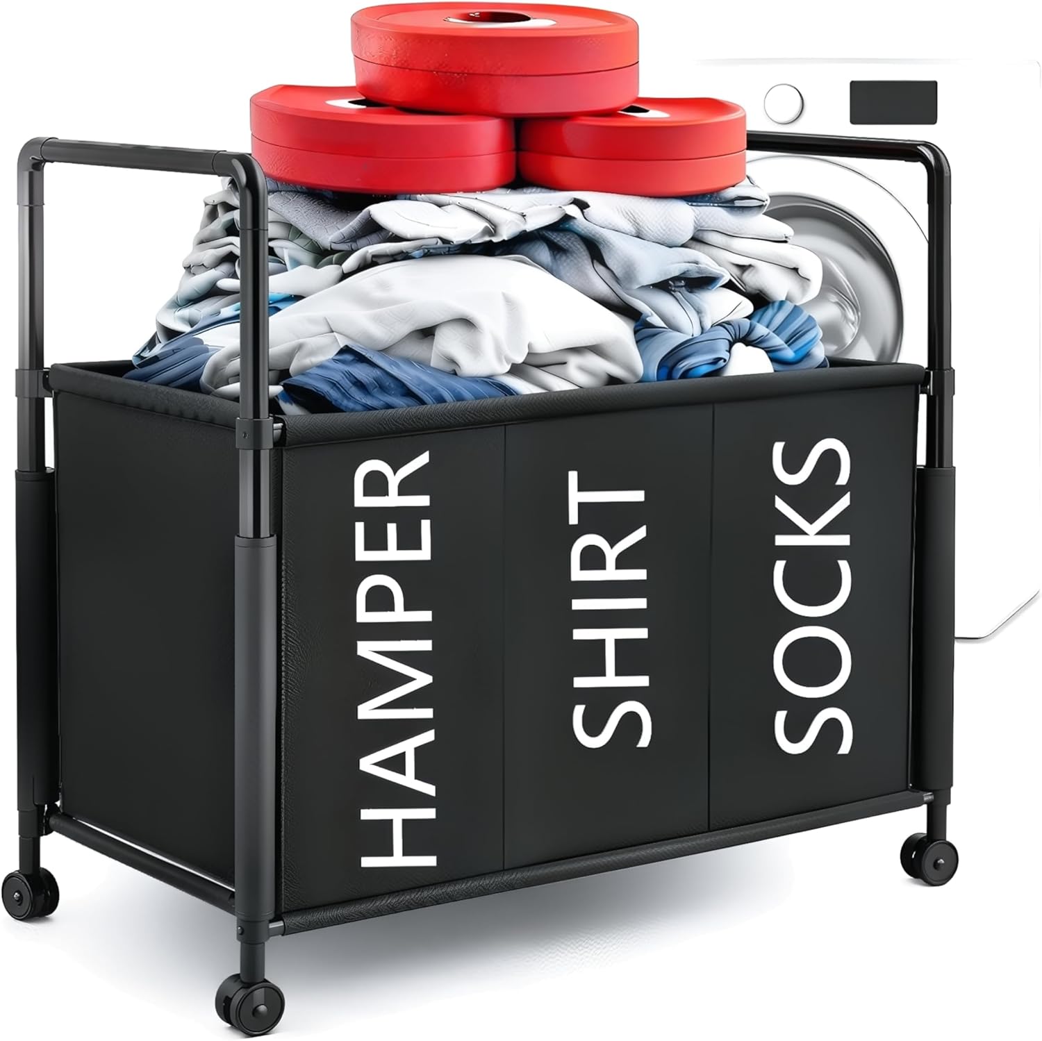 Rolling Laundry Hamper 3 Section with Wheels, Heavy Duty Metal Frame, Waterproof Polyester Fabric, Large Capacity Laundry Sorter for Easy Pre-Sorting and Effortless Transport