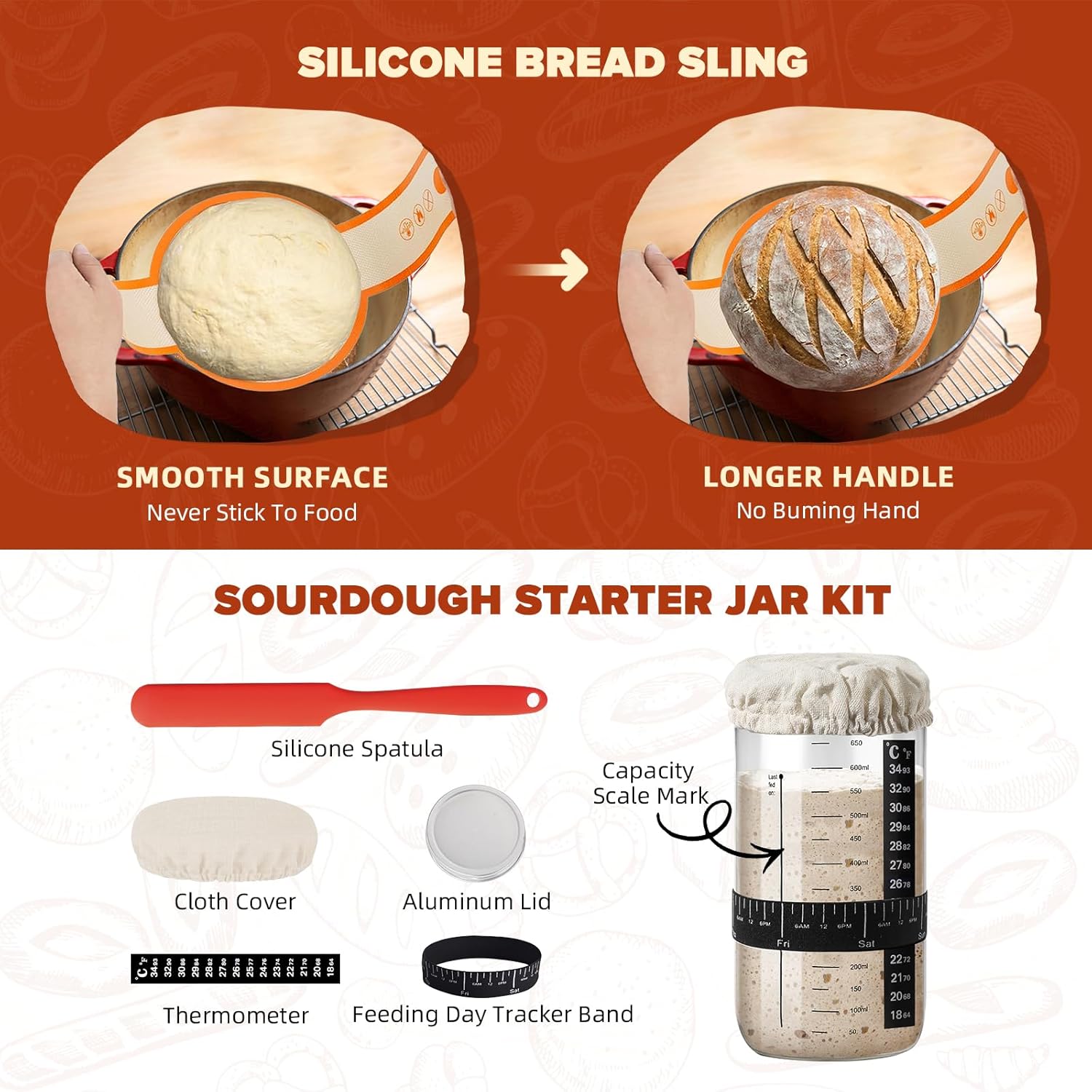 Sourdough Starter Kit with Pot, Sourdough Bread Baking Supplies, Bread Making Kit for Beginners, Banneton Bread Proofing Baskets for Home and Kitchen, Making Tools Kit - Image 4