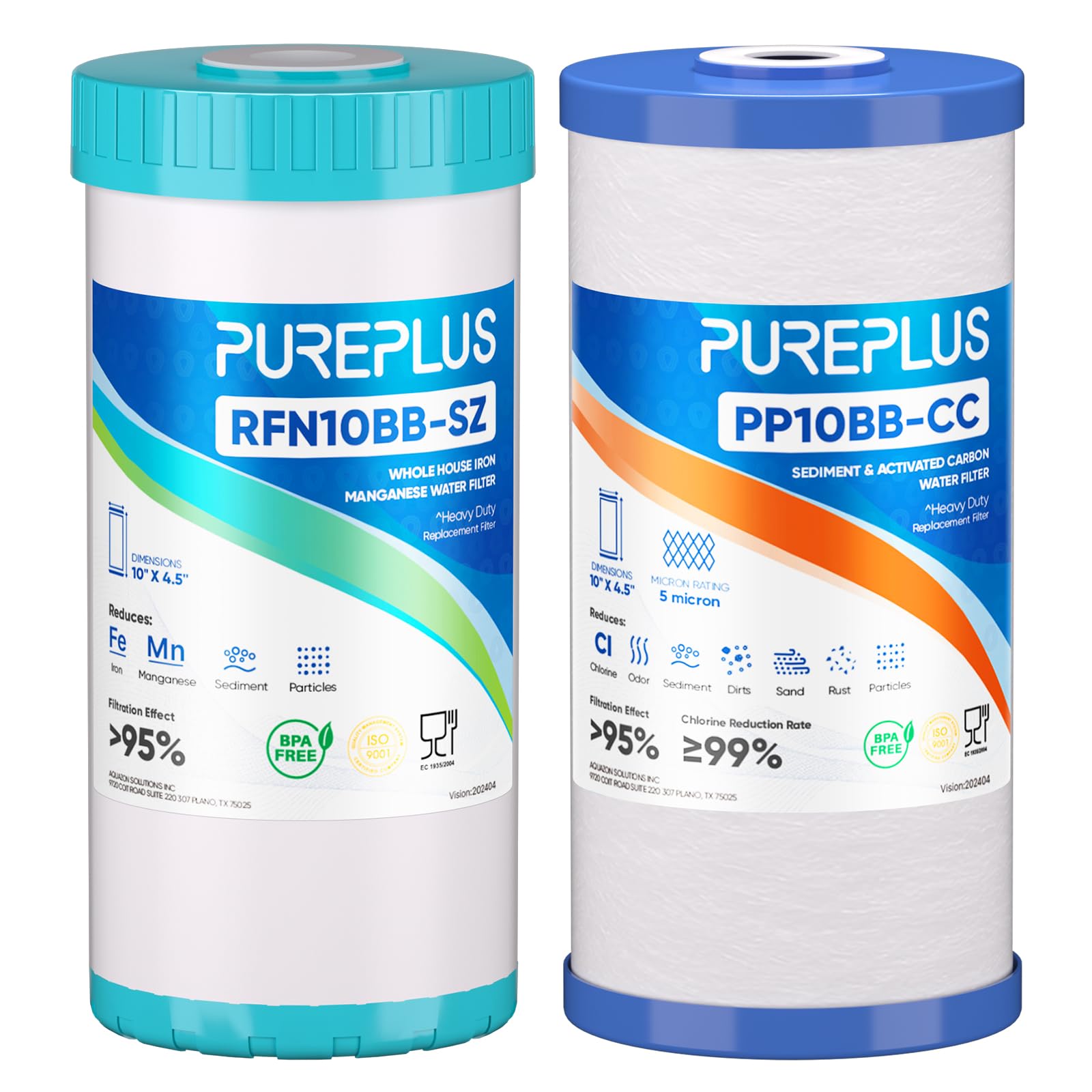 PUREPLUS Kit combinato con cartuccia filtro dell'acqua a 2 stadi per tutta la casa, 11,4 x 25,4 cm, con sedimenti e carbone e filtro per ridurre il ferro, kit di ricambio per filtraggio dell'acqua da