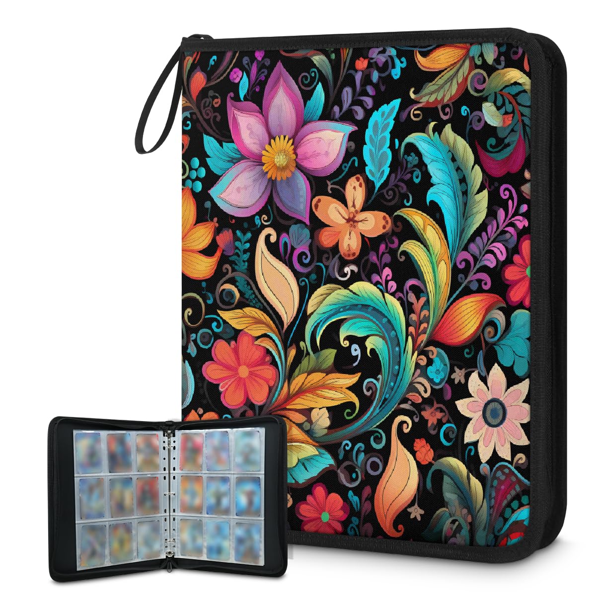 Raccoglitore per carte collezionabili con 9 tasche colorate con motivo cachemire floreale, cartella astratta floreale con maniche rimovibili, libro di carte impermeabile con cerniera, 50 pagine