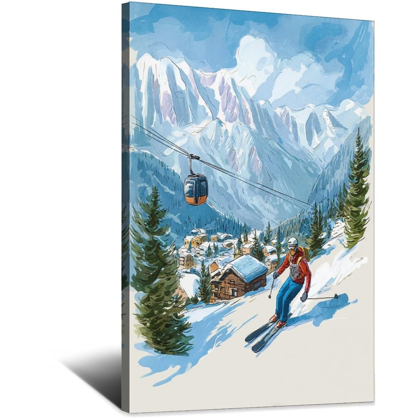 iPuzou Chamonix France Ski Posters 24x36inch(60x90cm) Vintage Watercolor Canvas Art