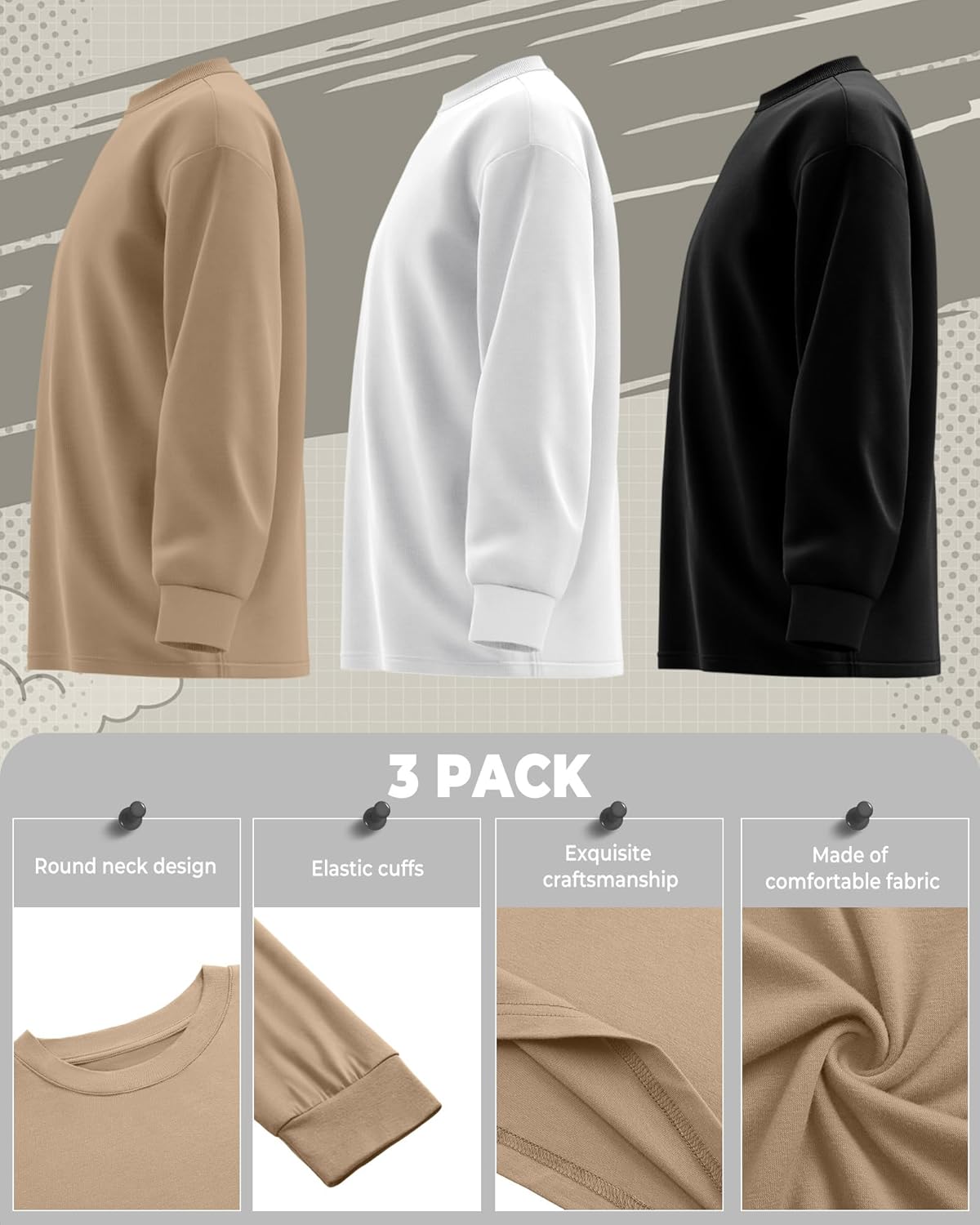 3 Pack Long Sleeve Shirts for Boy Crewneck Youth Undershirts Loose Kids Tops Winter Fall Basic Tee Pullover