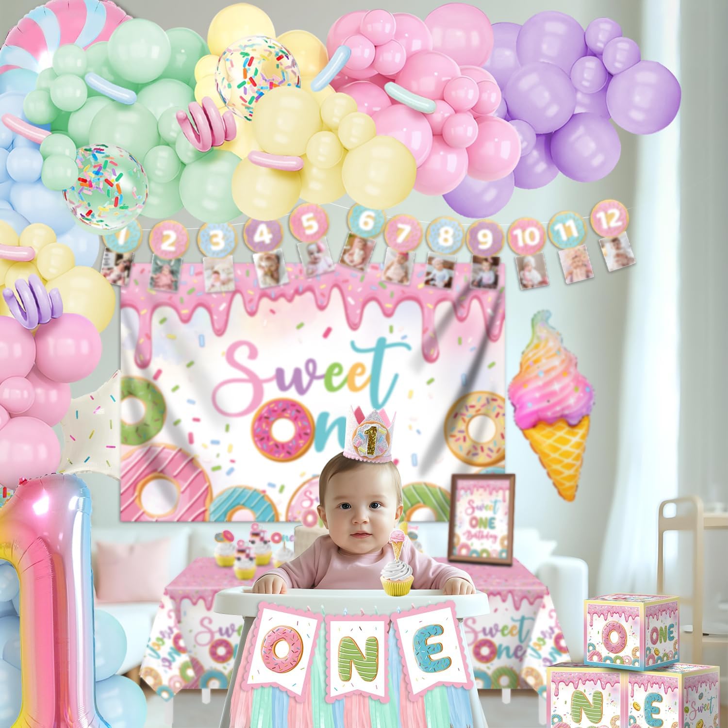 168pcs Sweet One Birthday Party Decorations, 1st Birthday Decorations Girl for Dount First Birth day Ice Cream Party Decorations, Balloons Arch, Backdrop, Photo Banner, Candy Balloons for all Needs