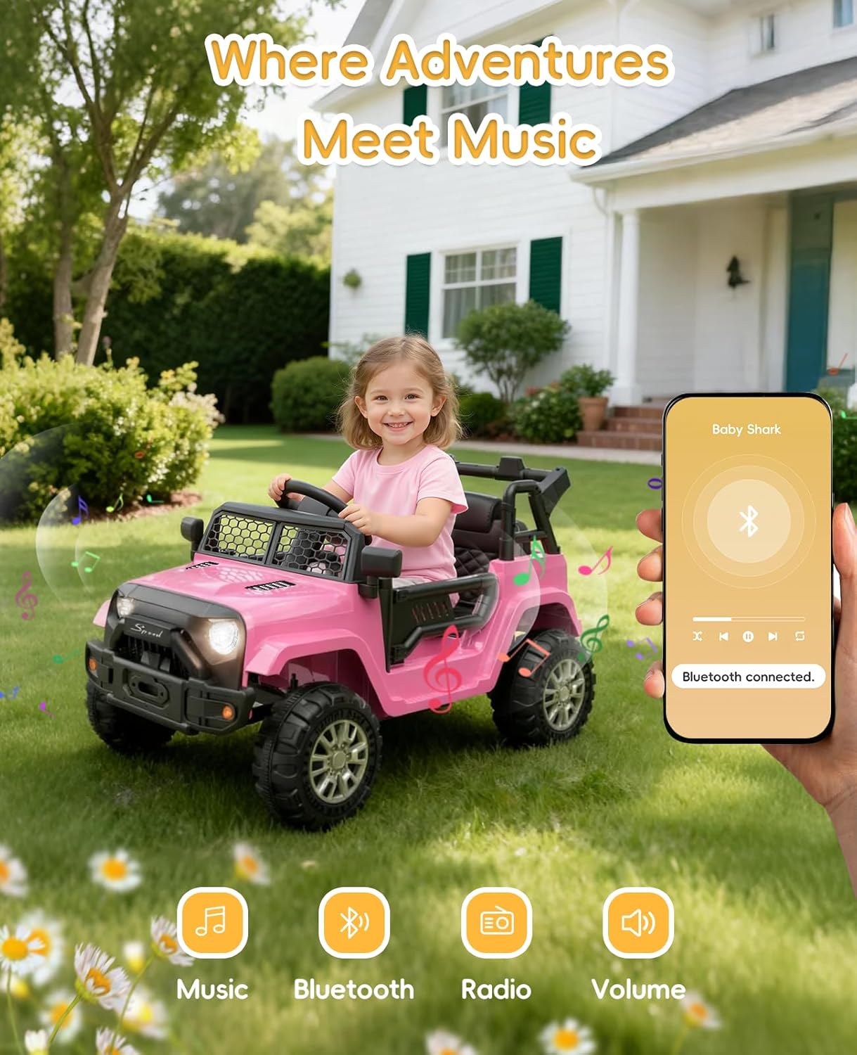 12V Power Wheels with Remote Control, Electric Car for Kids with LED Lights, 3 Speeds, Music & Horn, Power Wheel for 3-6 Ages Boy Girl Gift, Pink