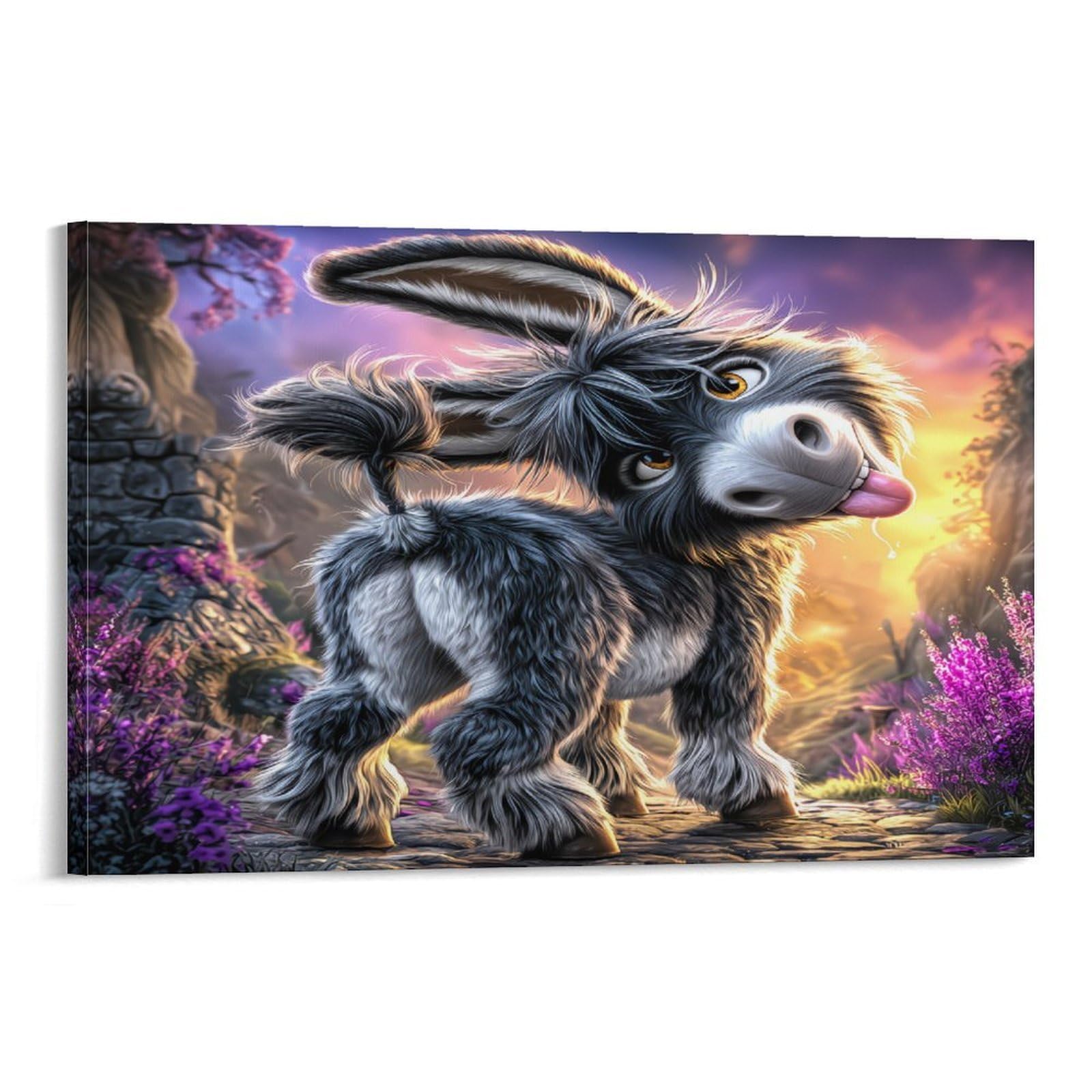CPLVKWRQJ Cute Donkey Cartoon Individual Fluffy Grey Donkey Purple Wildflower Woods Canvas Print - Bedroom Canvas Painting Easy to Clean Statement Piece Decor 20x30inch(50x75cm)