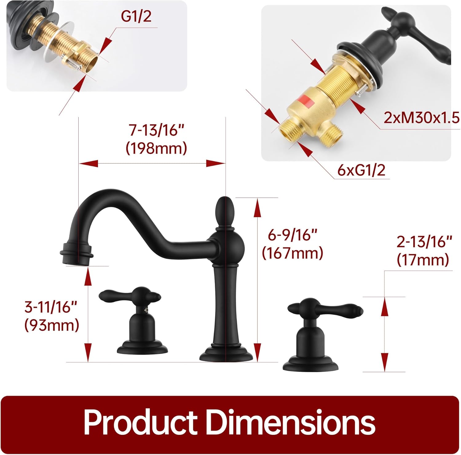 sumerain Matte Black 8 inch Widespread Bathroom Faucet, 2 Handles Vintage Basin Faucet with Swivel Spout