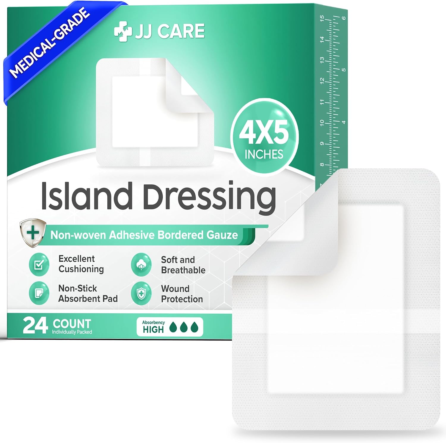 Non-Waterproof Adhesive Island Dressing 4x5 Inch, Pack of 32, Absorbent Pad with Adhesive Border, Island Wound Dressing for Medical & First Aid Use