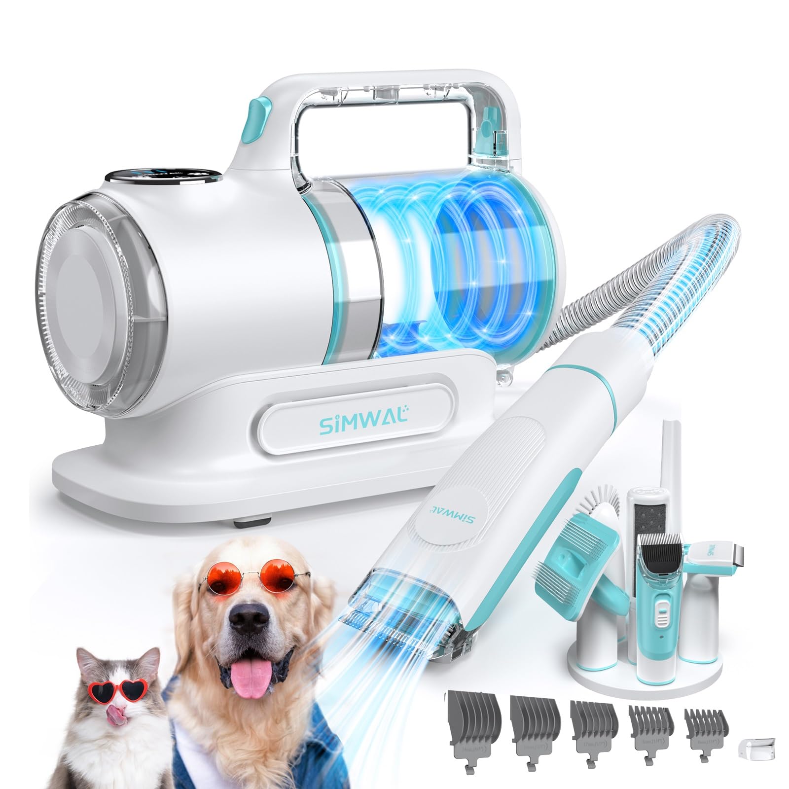 SIMWAL Maquina Cortar Pelo Perros con Aspirador, Succión 99% Pelo de Mascotas, Juego de Cortapelos Perros Profesional, máquina de corte silenciosa para perros y gatos y otras 11 herramientas de aseo