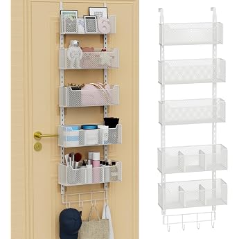 Door Organiser 5-Tier 4 Adjustable Baskets and 8 Hooks Free Standing Hanging Door Organizer for Door Back Suitable for Kitchen and Other Spaces White
