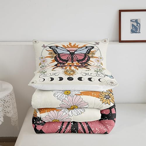 Miniatura 5 de Erosebridal Juego de edredón de mariposa hippie individual con sol y luna, juego de ropa de cama tribal de fase lunar, juegos de edredón de animales