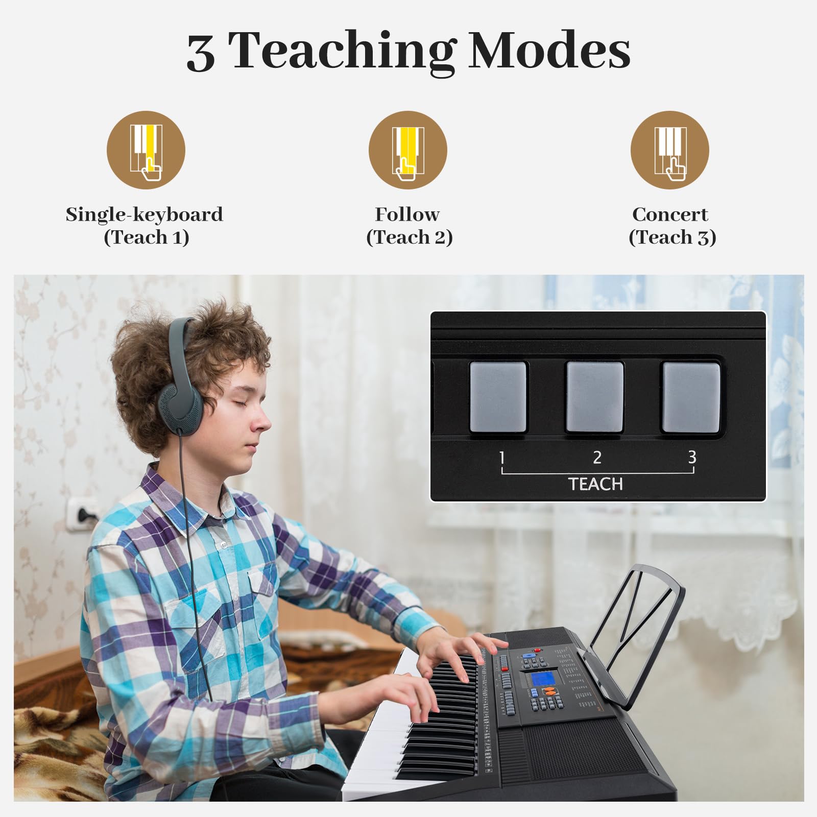 KOMFOTTEU Piano Numérique 61 Touches avec Support et Tabouret, Clavier de Piano Électroniques avec Microphone & Écouteurs, Piano Numérique, 300 Sonorités & Rythmes, 50 Morceaux de Démonstration