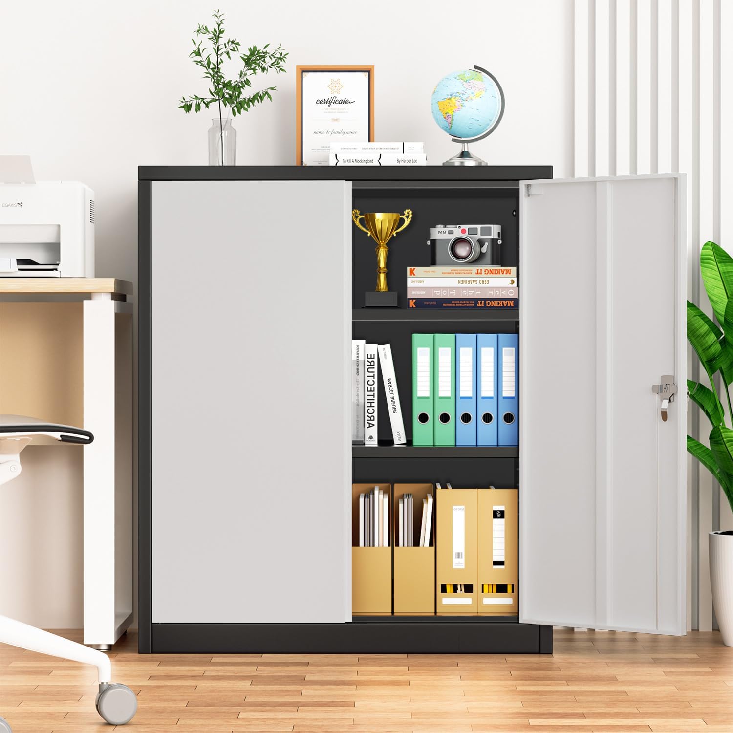 Superday Locking Metal Cabinet, 36"×32"×16" Lockable Steel Storage Cabinet with 2 Doors and 2 Shelves, Small Metal Utility Cabinet Closet for Home Office File Pantry Garage (Black Grey)