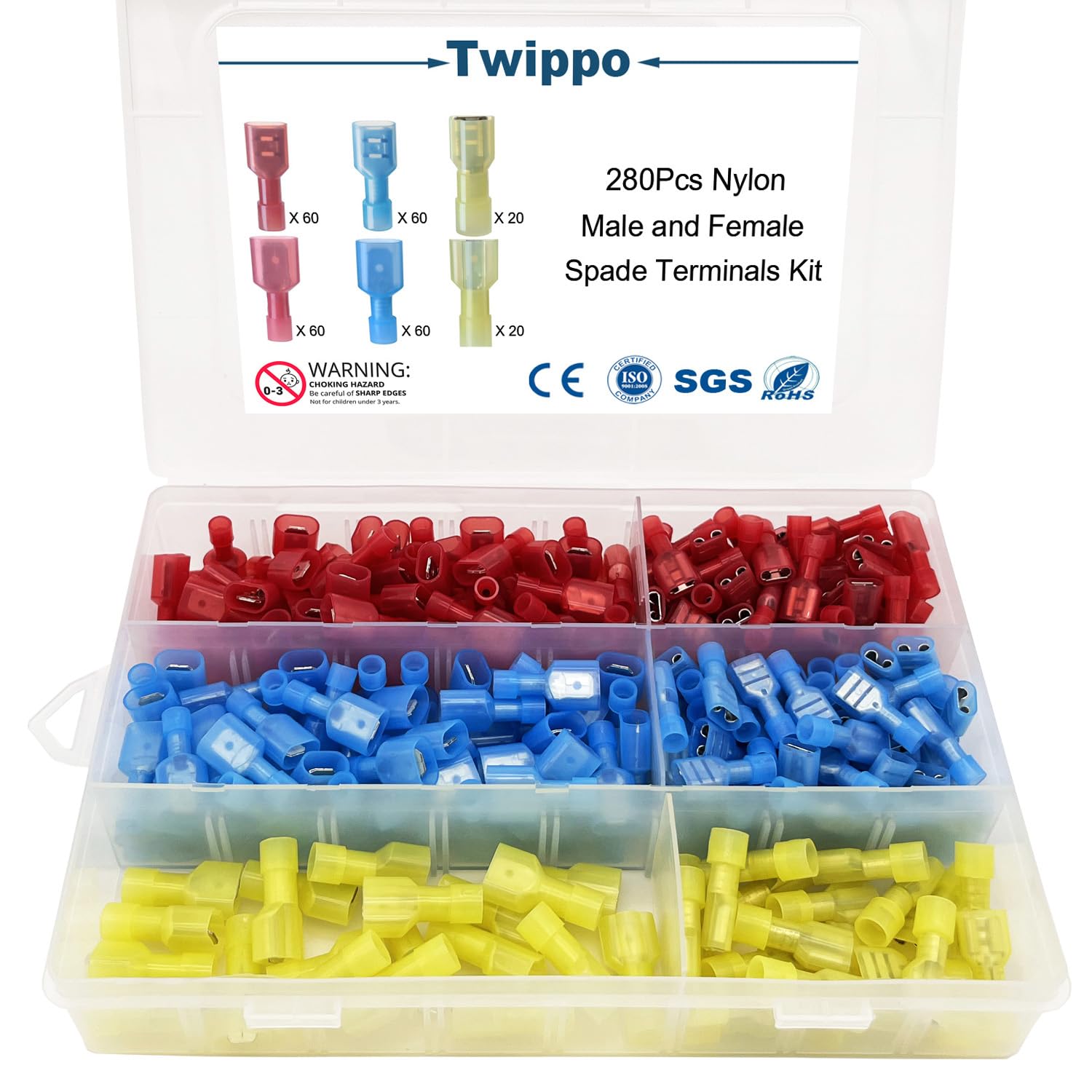Twippo 280Pcs Nylon Spade Connector, Male and Female Spade Terminals Kit, Crimp Terminal Connectors, Automotive Electrical Connector, Wire Connectors Kit, Quick Disconnect Connectors (22-10 Gauge)