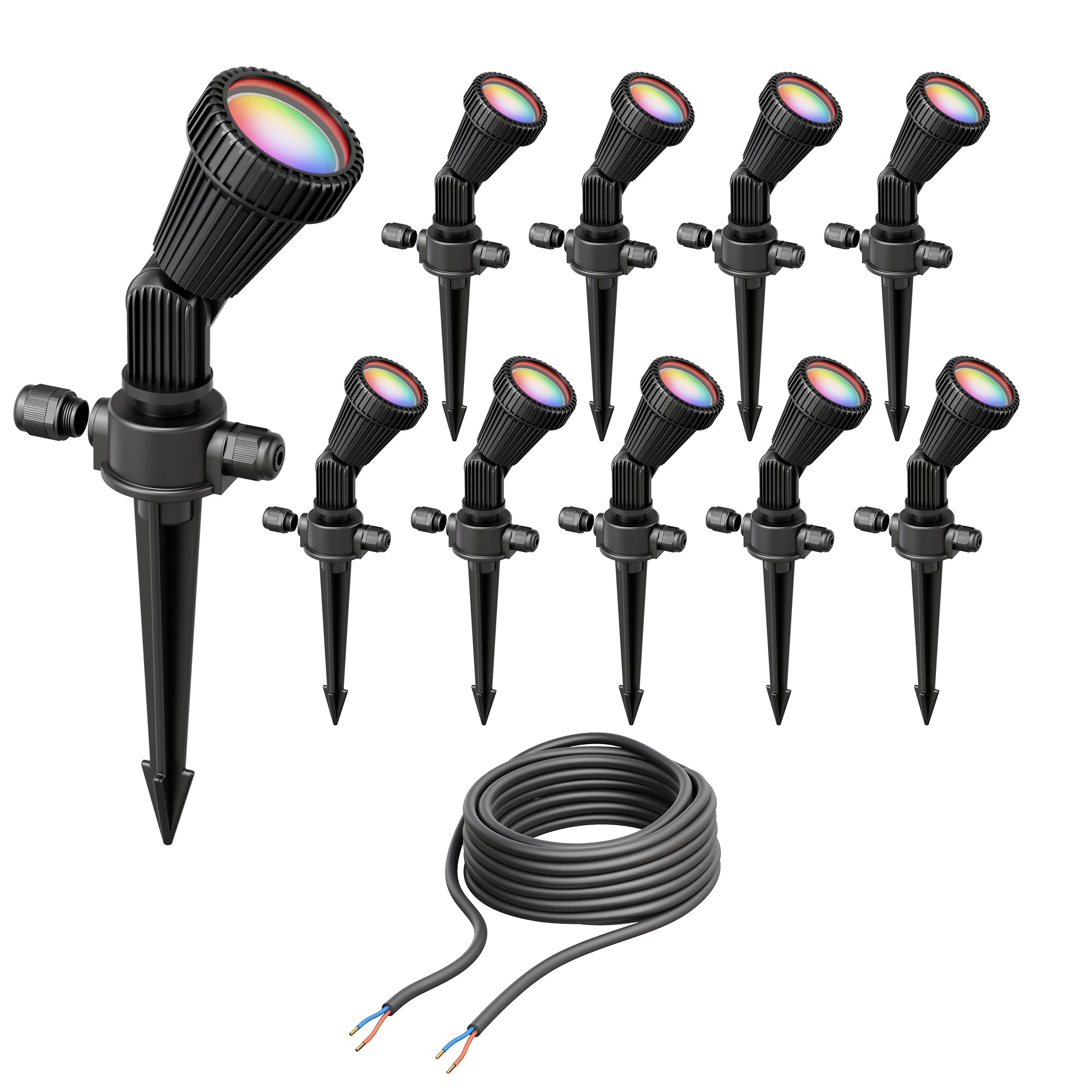 ledscom.de 10er Set Gartenstrahler mit Erdspieß PIRK, für außen, IP44, schwarz, inkl. Smart Home RGBW GU10 LEDs je 473lm