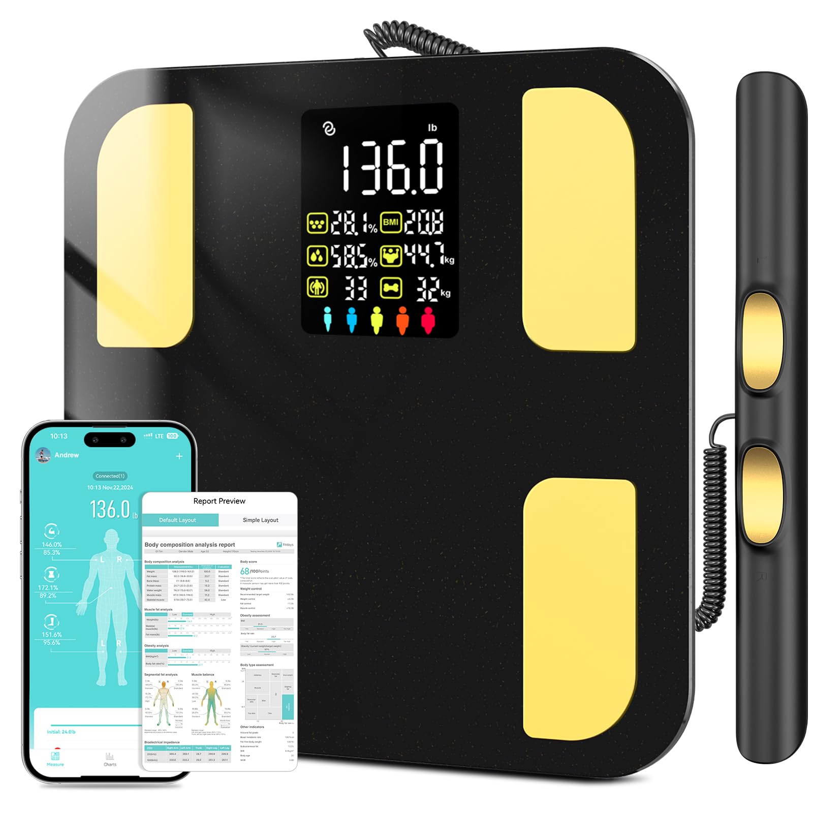 Körperfettwaage mit Handsensoren, LED Körperanalysewaage mit App, Waage mit Körperfett und Muskelmasse, 8 Elektroden Personenwaage mit Körperfettanalyse für 28 Messwerten, Misst Gewicht, Körperfett