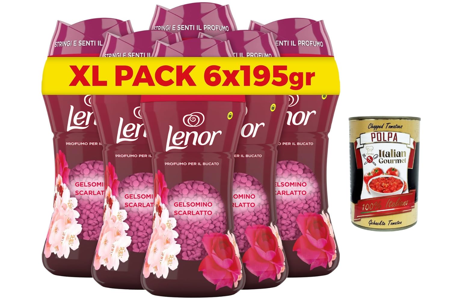 Italian Gourmet Bundle Wäscheparfüm Gelsomino Scarlatto 6x 195g + Italian Gourmet Polpa Gratis – Duftperlen für Wäsche, XL Pack, Profumo per il Bucato laut Verpackung, Vorrat 1,17kg
