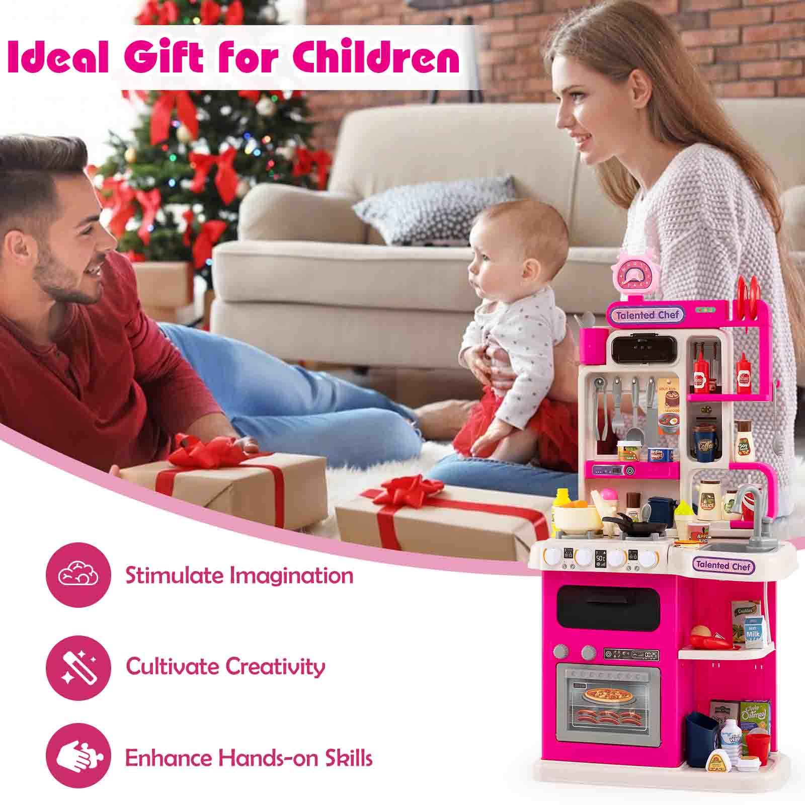 HOMASIS Set Cucina Giocattolo con 54 Pezzi, Gioco da Cucina con Luci e Suoni Realistici, Simulatore di Fornelli con Spruzzo e Lavello con Acqua Automatica, per Bambini dai 3+ Anni (Rosa)