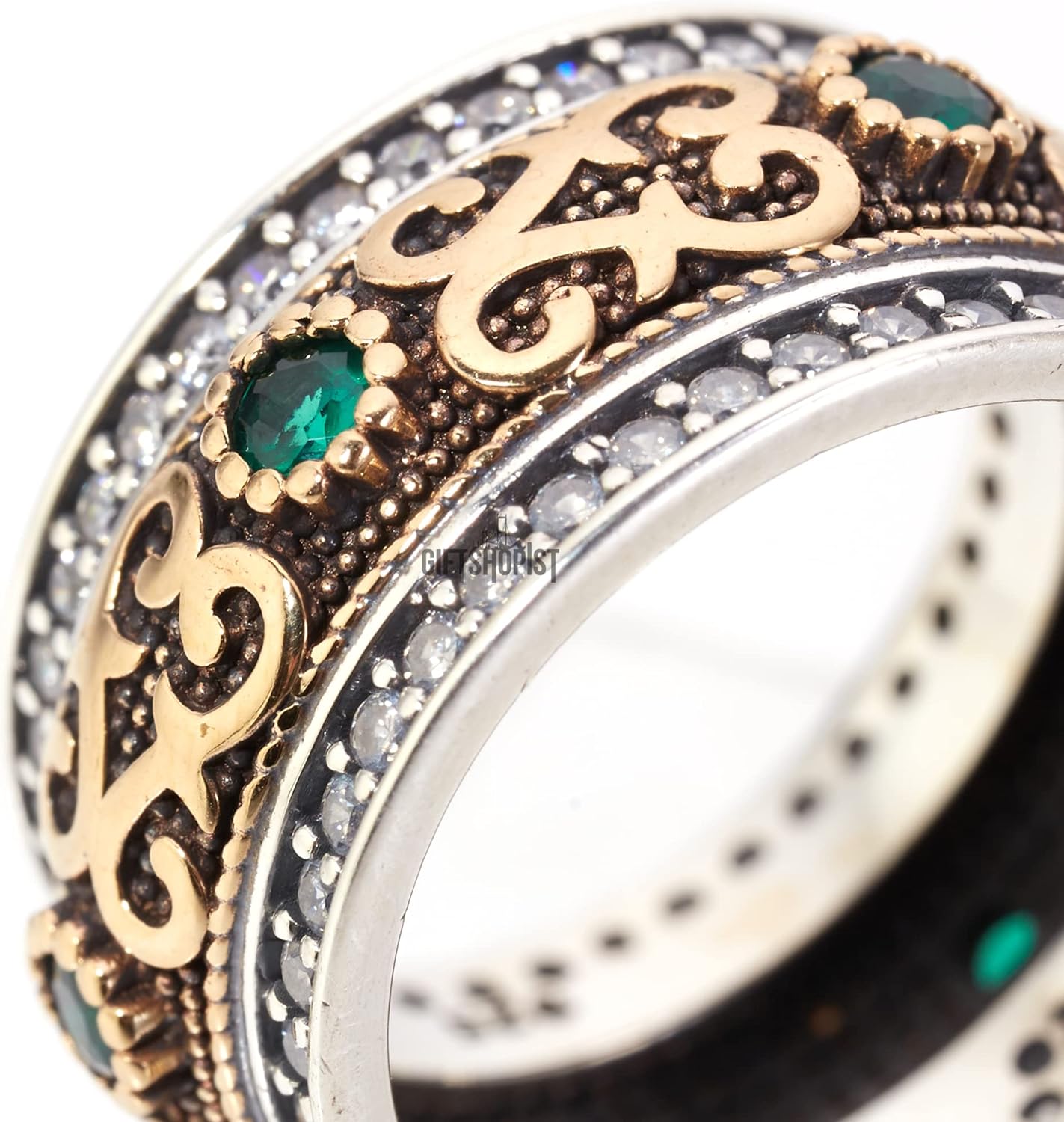 Handmade Turkish Authentic Jewelry Round Shape Cut Emerald Topaz 925 Sterling Silver Band Ring for Gift for Ladies Size ALL