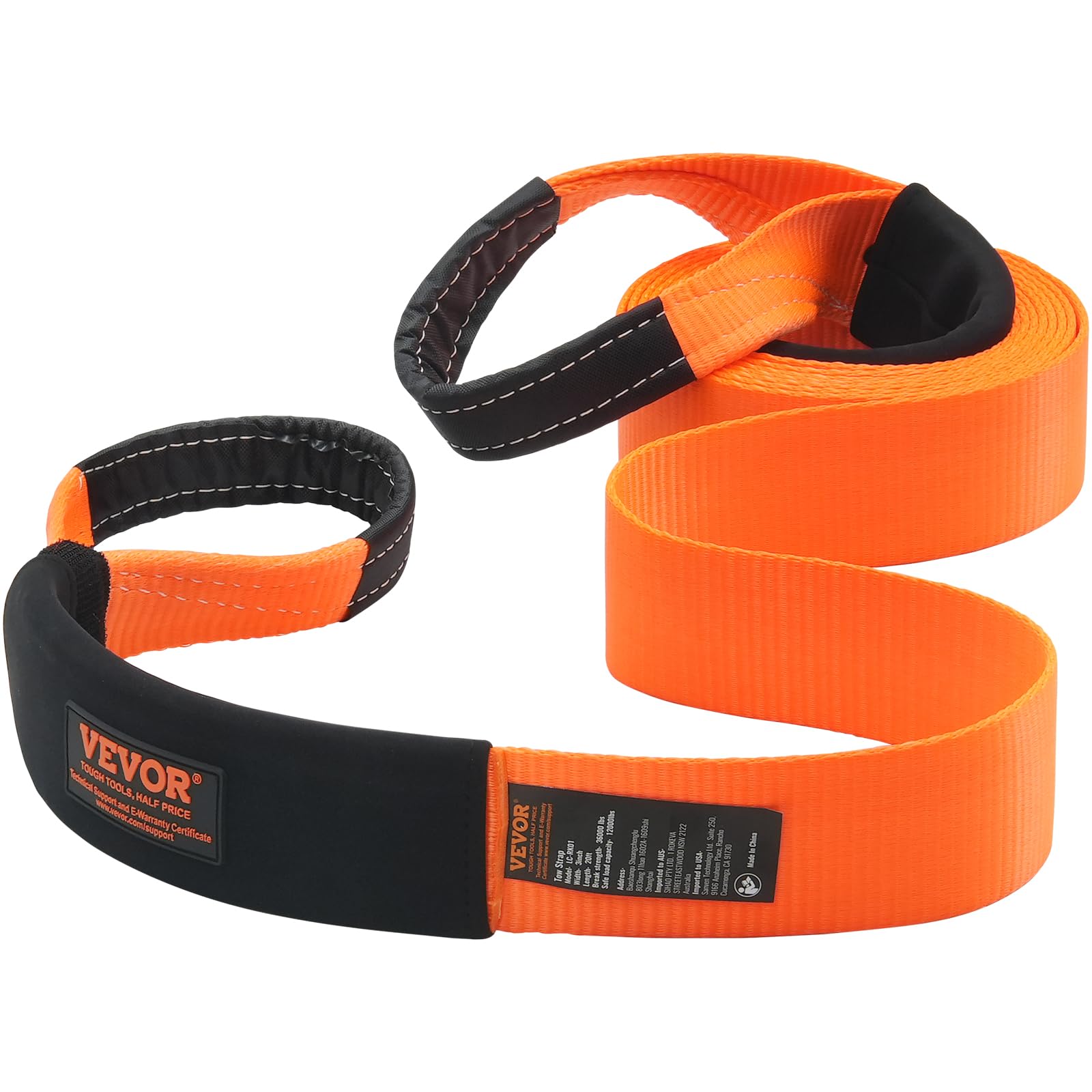 VEVOR Sangle de remorquage robuste, 76,2 mm x 6.1 m, corde de treuil pour sauve-arbre, 16329 kg, boucle triple renforcée, manchons de protection, sac de rangement, manilles à anneau D, camion Jeep SUV