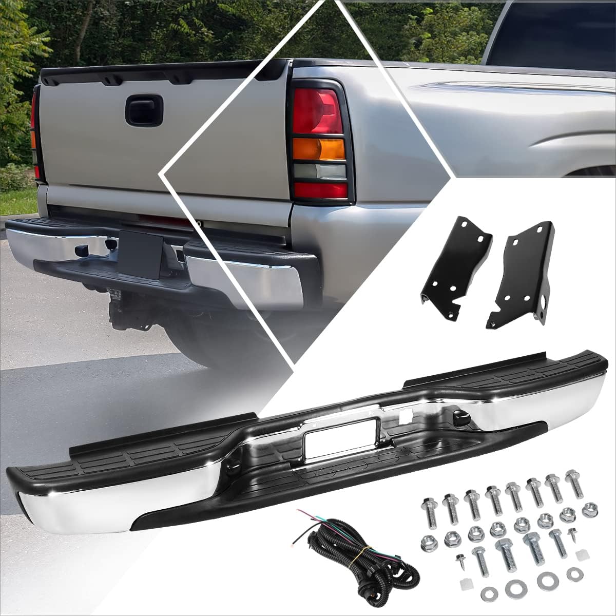 Polished Chrome Rear Step Bumper w/License Plate Lights Compatible with 01-07 Silverado Sierra
