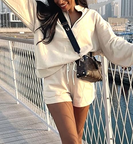 Miniatura 4 de Kissonic Conjunto de 2 piezas para mujer, conjunto de chándal de gran tamaño, sudadera de manga larga de forro polar, pantalones cortos de pijama,