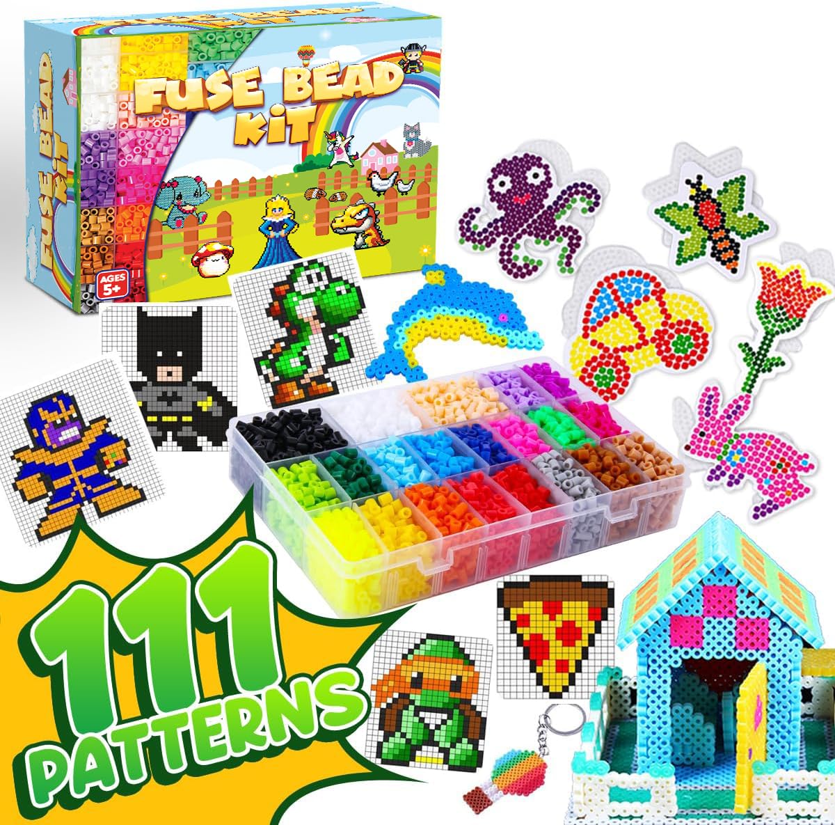 Goody King Arts and Crafts Fuse Beads Kit for Kids with Instruction - 5mm Pixel Art Melty Plastic Beads Set with 111 Patterns, 21 Assorted Colors Plus - School Teens Kids Age 4 5 6 7 8 and up
