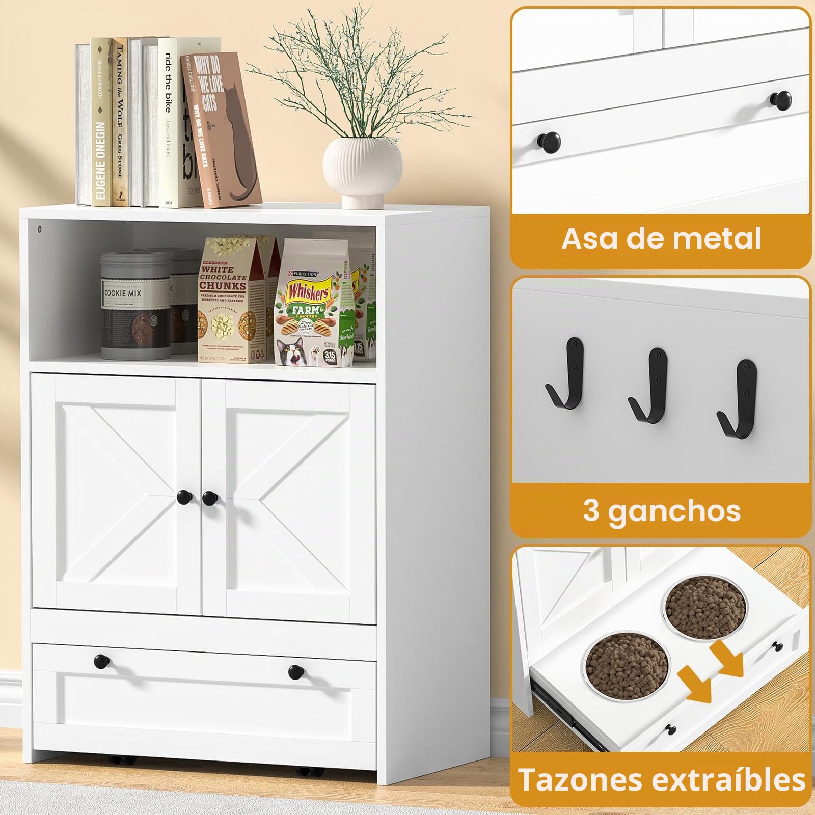 Comedero para Perros con 2 Cuencos de Acero Inoxidable de 60 x 35 x 82 cm, Armario para Mascotas con Armario de Almacenamiento, Armario para Alimentos para Animales, Armario de Almacenamiento y