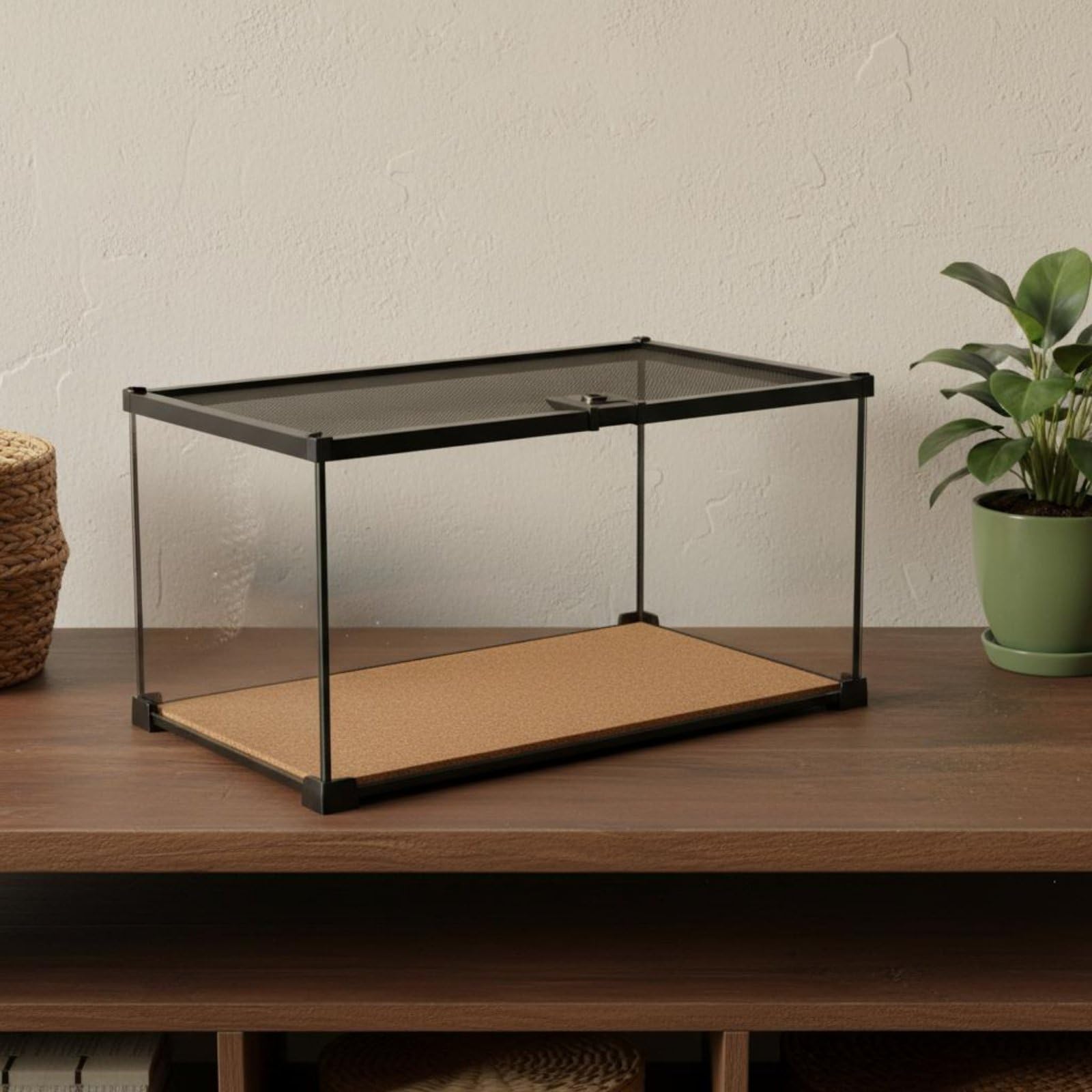 Terrario para Reptiles de Vidrio con Panorámica 360 Grados Diseño Seguro con Tapa de Malla Ventilación Estructura Apilable Adecuado para Serpientes Ranas Tortugas Hogar, 30x20x20cm