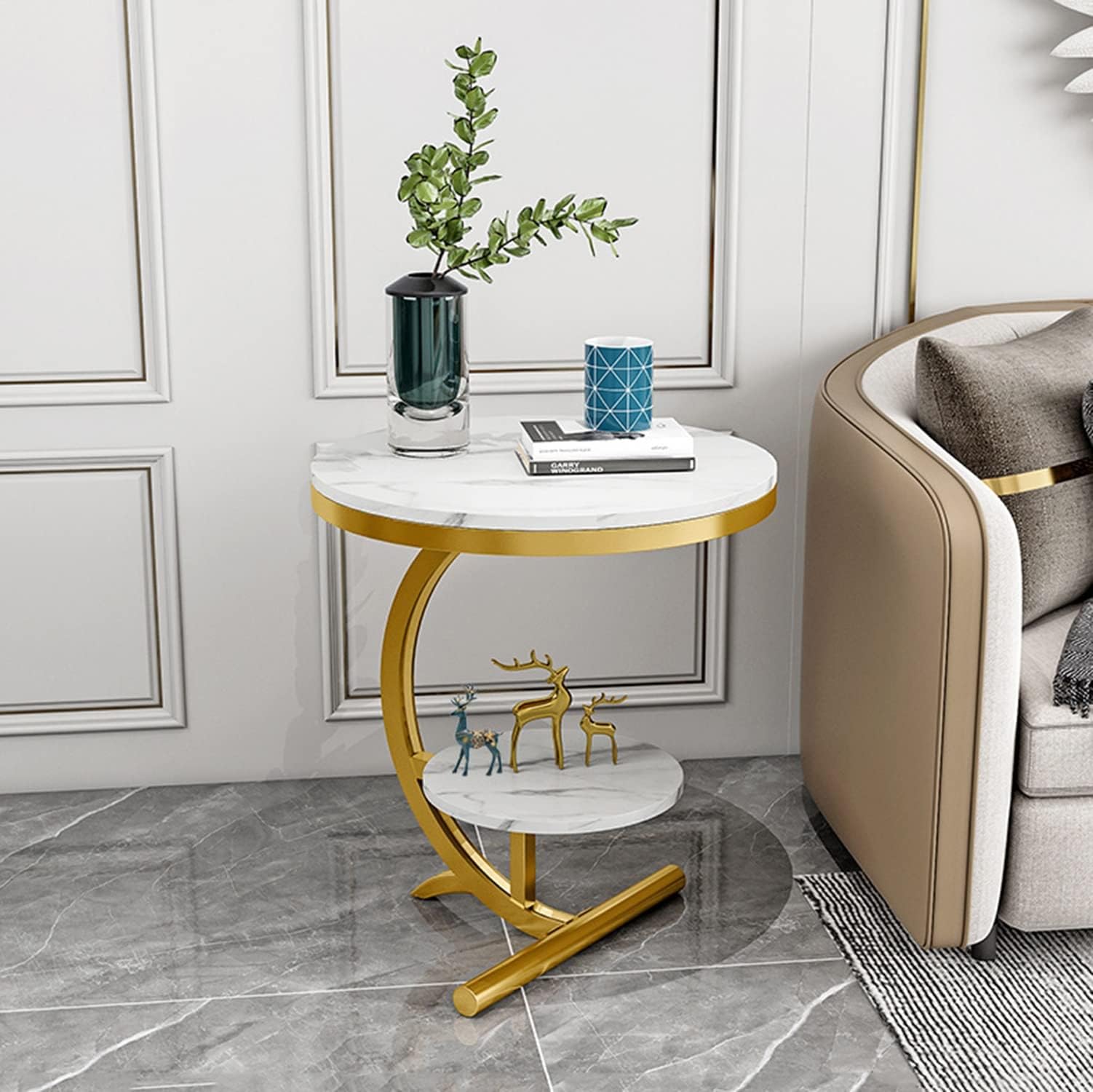 Tavolino moderno in marmo a 2 livelli per soggiorno e hotel, in oro e bianco, con design ad angolo rotondo