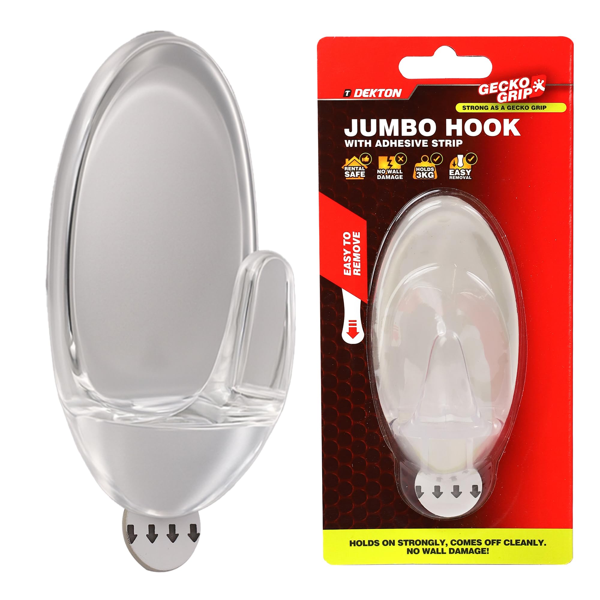 Dekton White Geckogrip Jumbo Hook 1Pc Clear-Heavy-Duty Wall Hook| Strong Adhesive Grip| Holds Upto 10Kg| Ideal For Kitchen, Bathroom, Office| Reusable & Residue-Free| Sleek Clear Finish| Versatile Storage