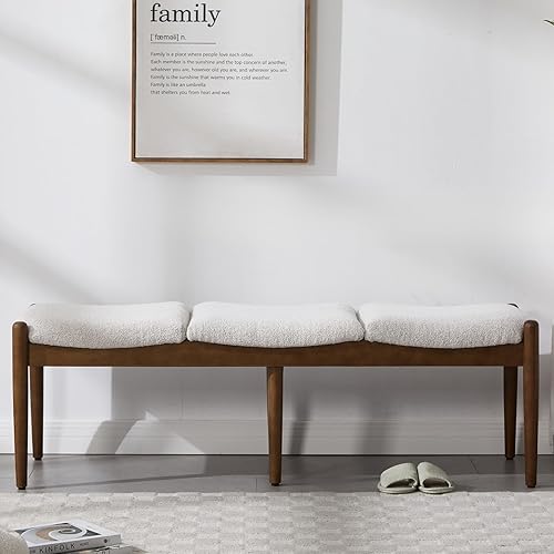 Miniatura 6 de RIVOVA Banco otomano moderno boucle de sherpa tapizado para dormitorio, banco largo para asiento largo de entrada, con patas de madera para sala de