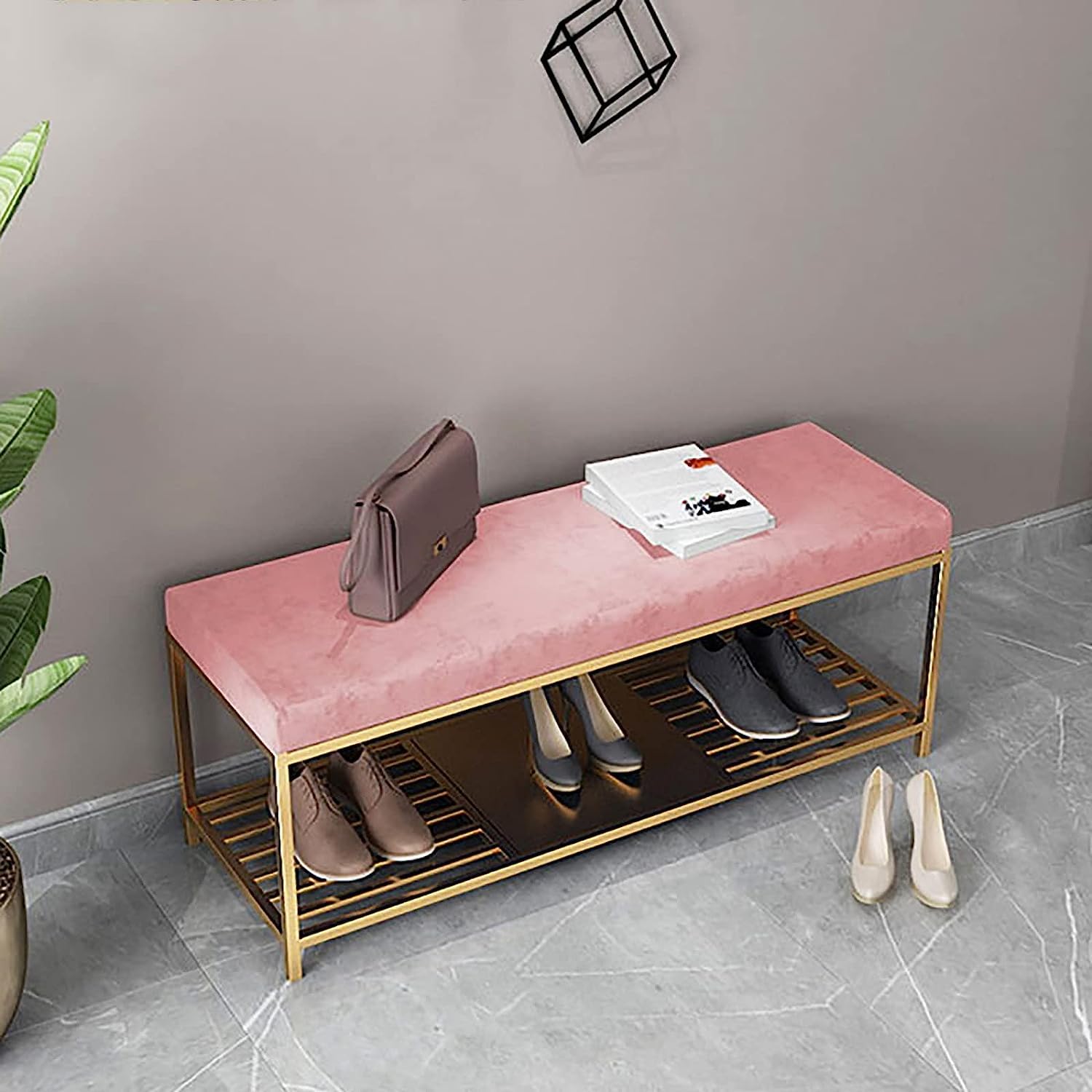 Banc d'entrée luxueux avec étagère à chaussures dorée en velours