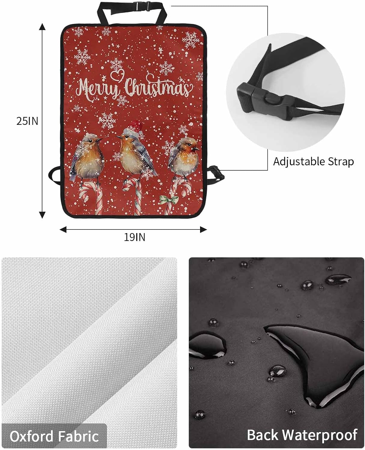 Car Seat Protector, 2 Pack Kick Mats Back Seat Protector Merry Christmas Robins Stand on Candy Cane Snowflake Red Waterproof Backseat Cover for Kids Universal Fit Automotive Interior Protectors