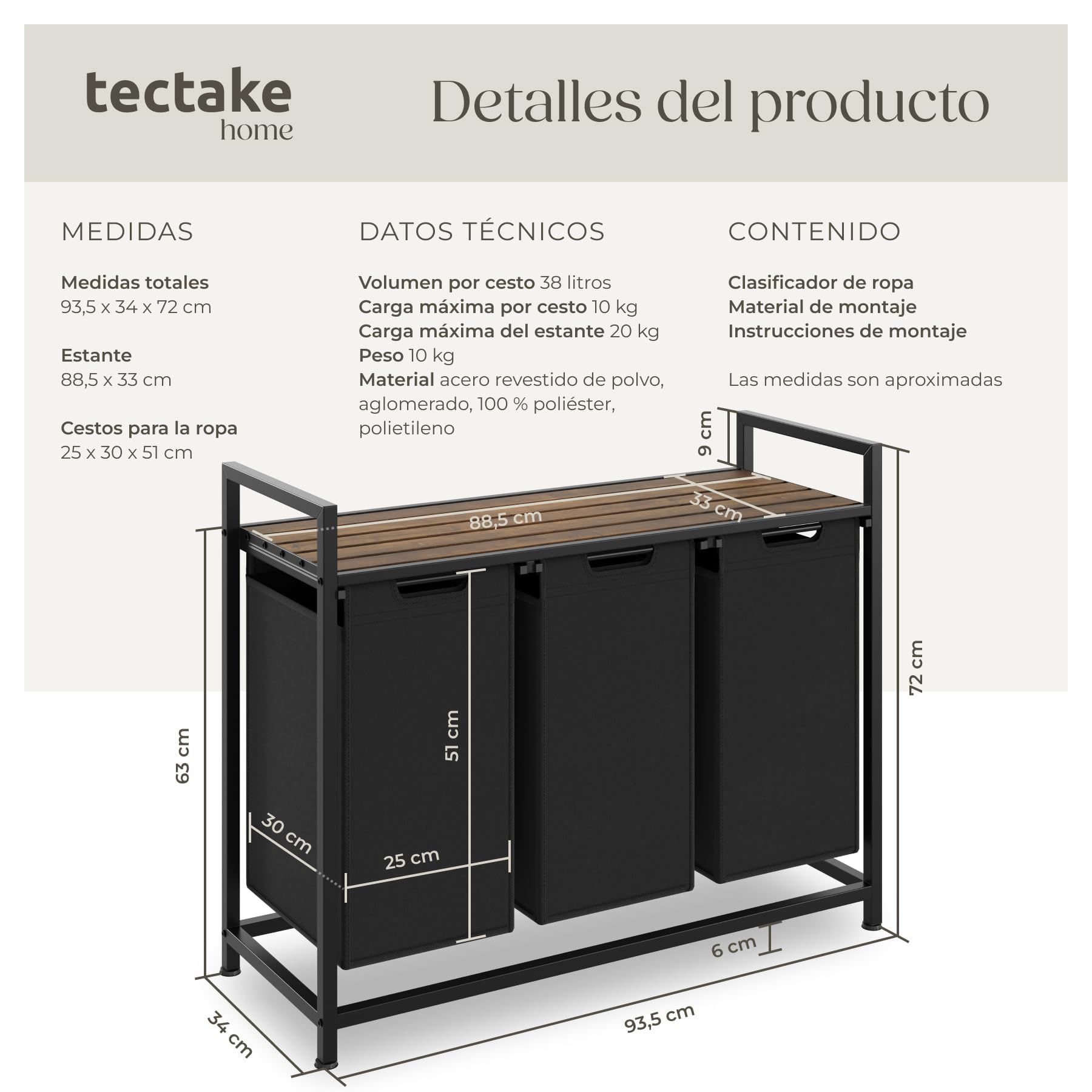 tectake® Cesto Ropa Sucia, Diseño Industrial Rústico, 3 Compartimentos, Bolsas de Poliéster Extraíbles, Cesta para Colada, Armario Lavandería, Estructura de Acero, Pies Regulables - 34 x 93,5 x 72 cm