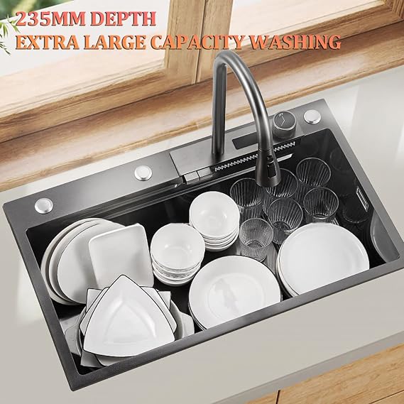 Kitchen Sink,304 Stainless Steel Nano Digital Display Flying Rain Waterfall Sink,with Pull-Out Faucet, Pressurized Cup Washer, Home Sink Vegetable Basin Single Sink (Color : Black Grey-A, Size : 75