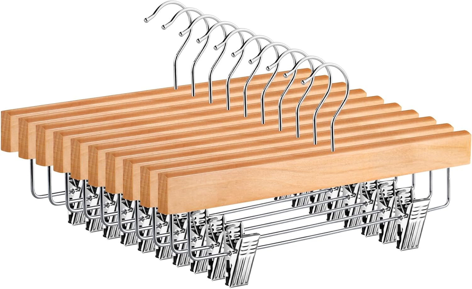 10 Pack Pants Hangers, Wood Clothes Hangers with 2-Adjustable Clips, Solid Wood Skirt Hanger, 360° Swivel Hook, Wooden Hanger for Jeans Shorts Slacks Skirts Trousers, Natural