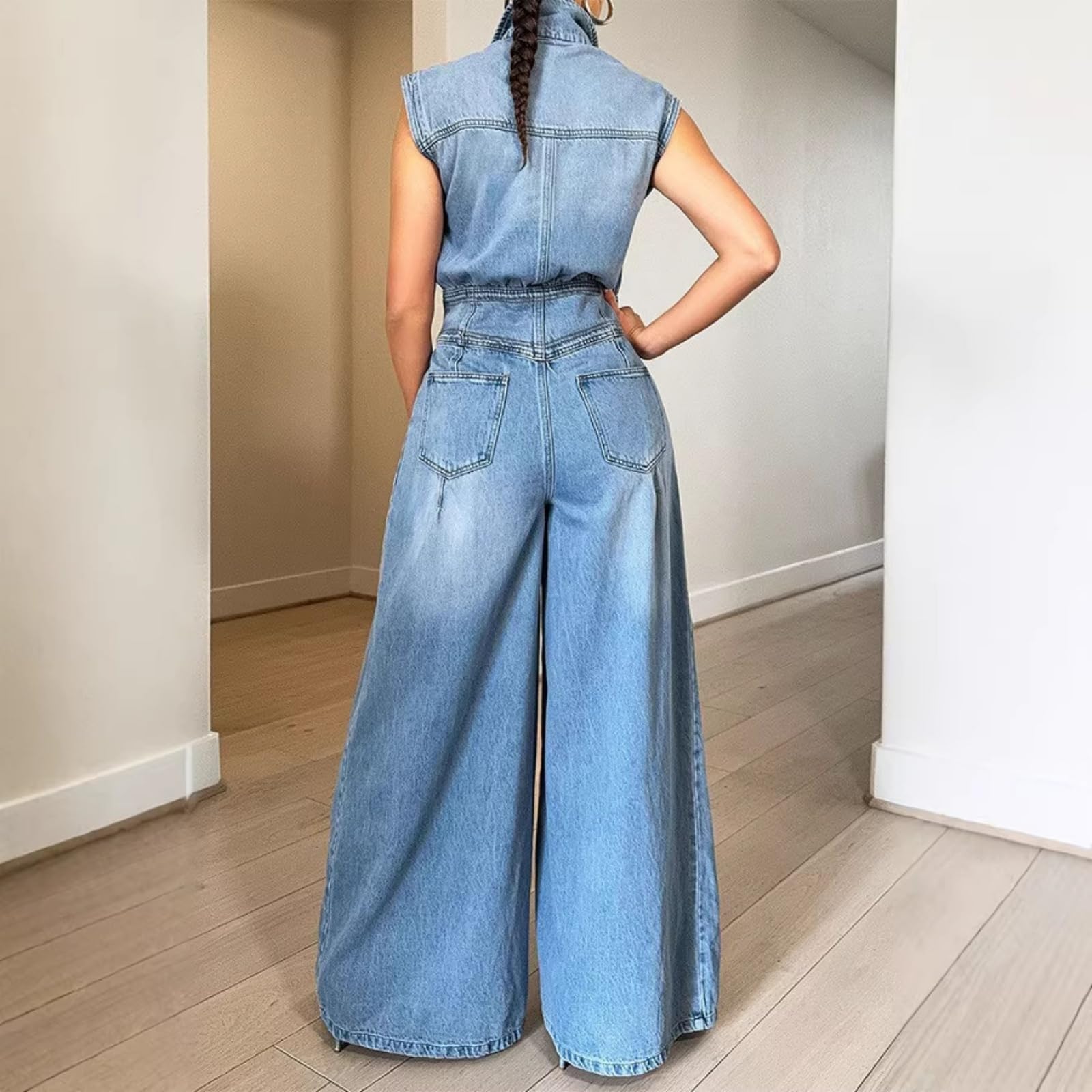 Tute Salopette di Jeans Pantaloni a Gamba Larga Casual Tute Intere in Jeans