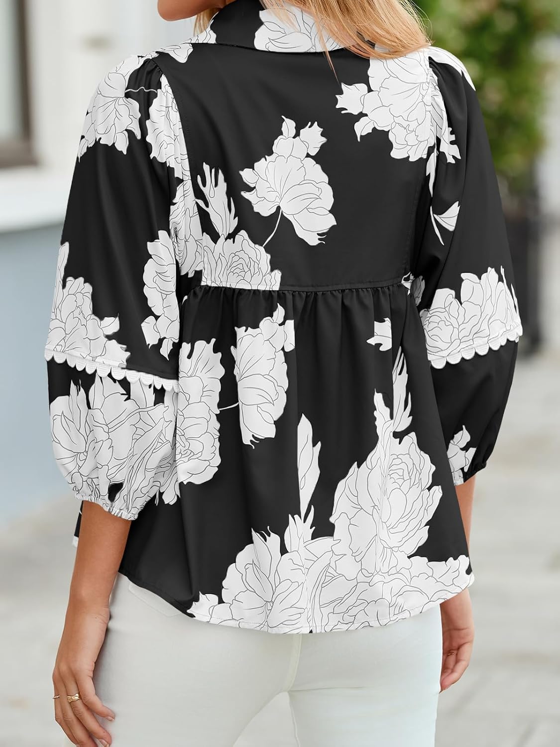 Tankaneo Womens Floral Peplum Babydoll Tops 3/4 Puff Sleeve Pleated Blouse Cute Casual V Neck Loose Fit Flowy Boho Shirts - Image 3