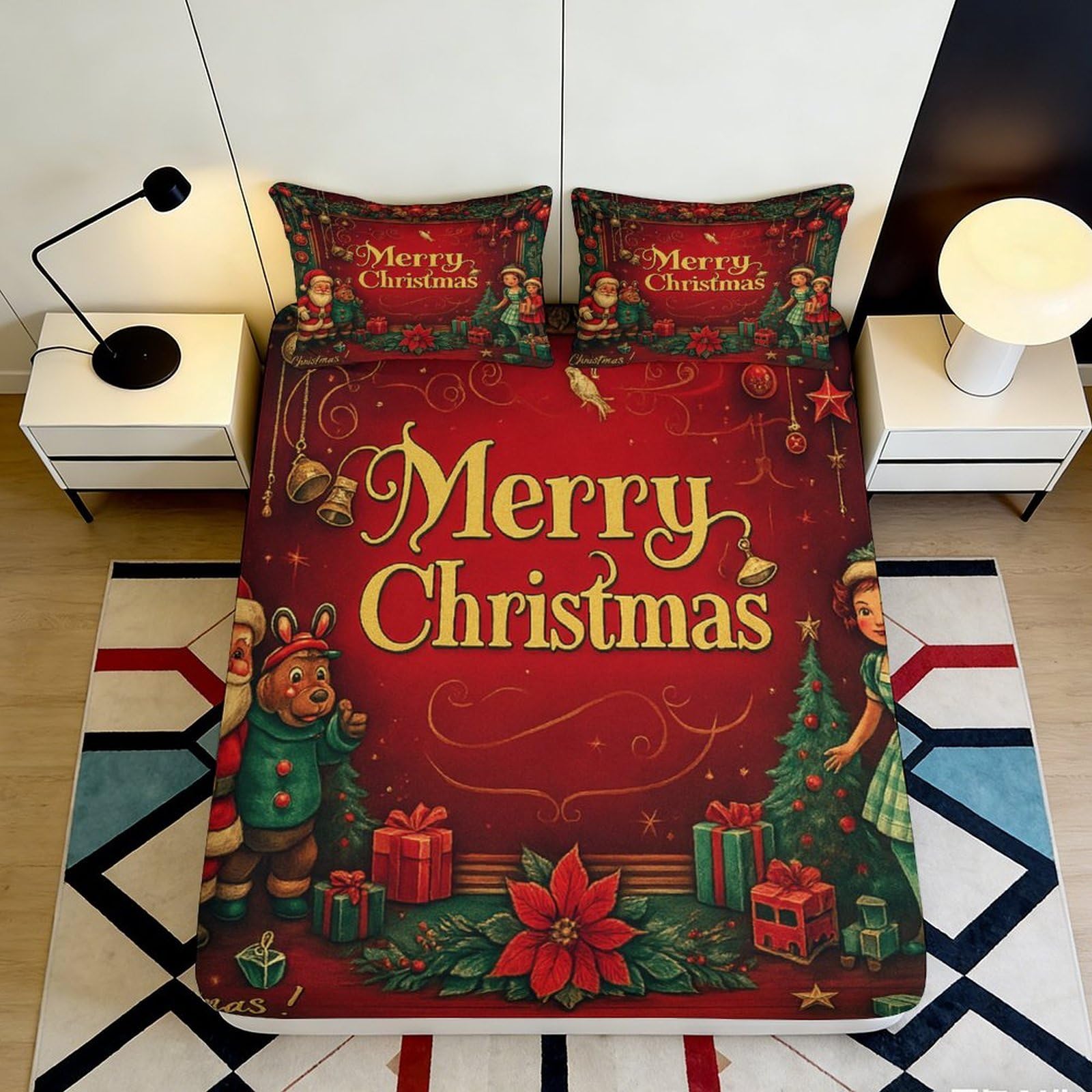 3D Printed Christmas Fitted Sheet Microfiber Deep Pocket All Wrap Bedroom Xmas Mattress Fitted Cover Washable 140x200x25cm