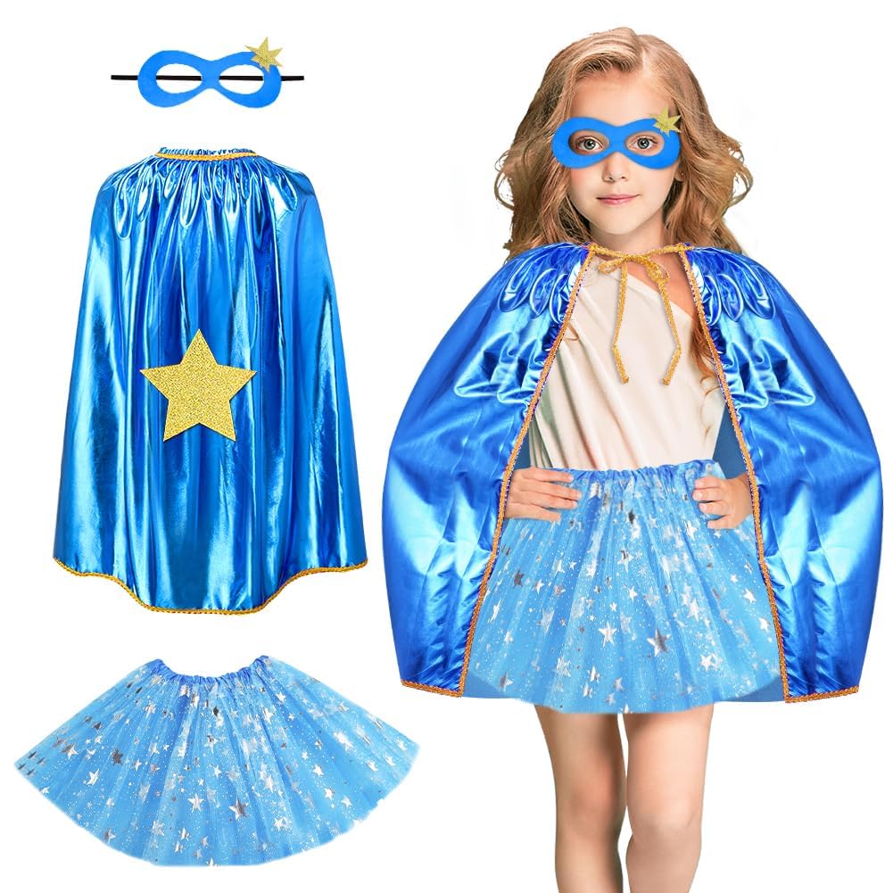 AUYAO Super-heroes Costumes Heroes Capes Kit, Kids Capes Cloak Dress Up Set with Mask Tutu Ballet Dance Skirt, 3Pcs Girls Princess Costumes Capes for Halloween Christmas Birthday Party(Blue) — image 1