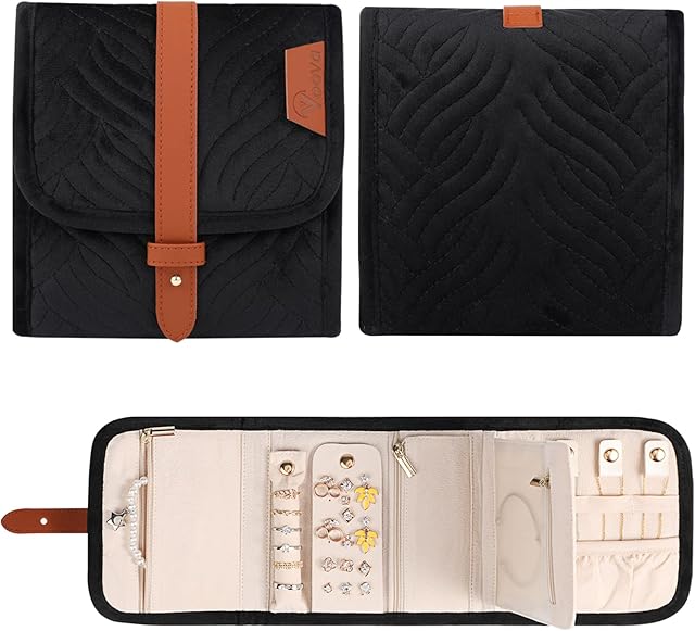 Voova Travel Jewellery Organiser Roll Foldable Jewelry Case for Women Girl, Portable Jewellery Storage Bag for travelling, Small jewlerrying Pouch for Rings Necklaces Earrings Bracelets, Black