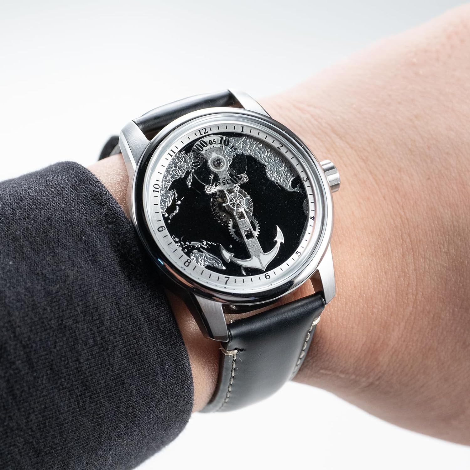 OBLVLO Luxury Anchor Dial Maritime Navigation Automatic Watch, Rose Gold Case, Navy Blue Leather Strap