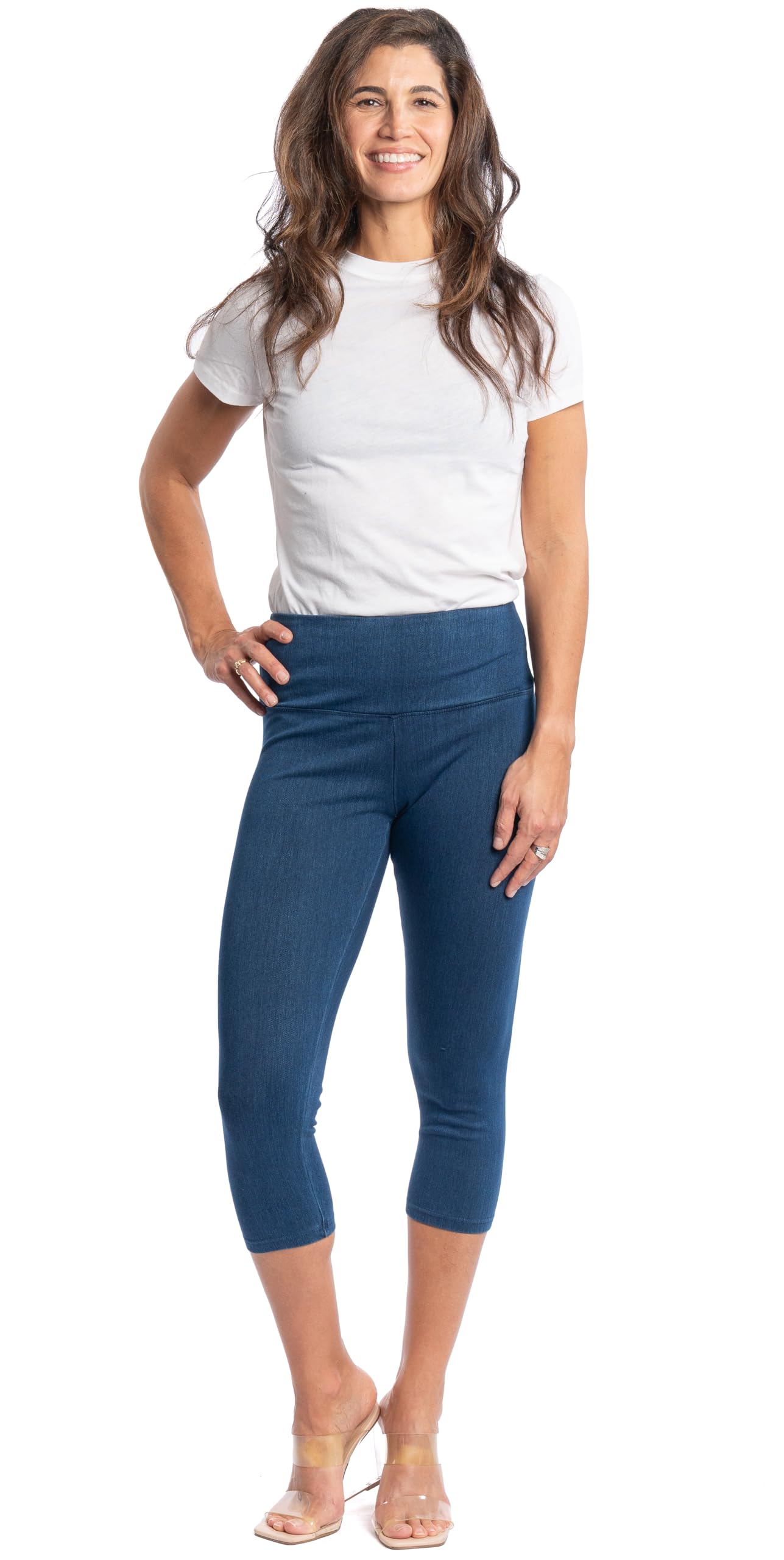 INTRO. Tummy Control High Waist Pull-On Capri Cotton Spandex Legging Knit Indigo Denim - Large