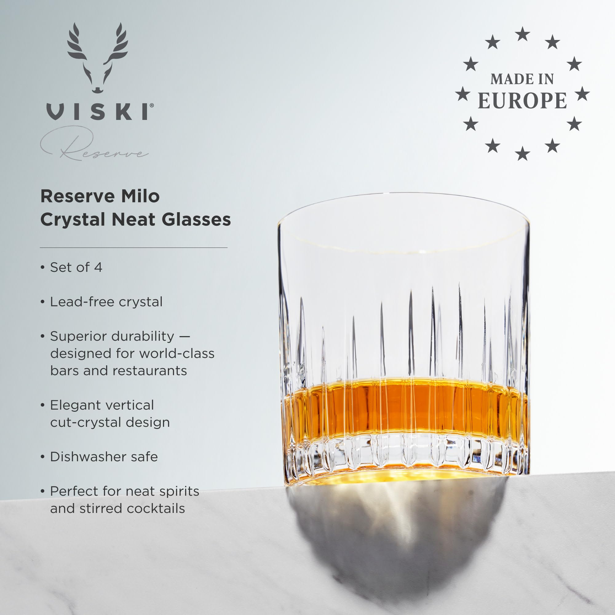 Viski Reserve Milo Neat Whiskey Glass - Crystal Spirits Glasses, 10.5oz Set of 4 for Bourbon