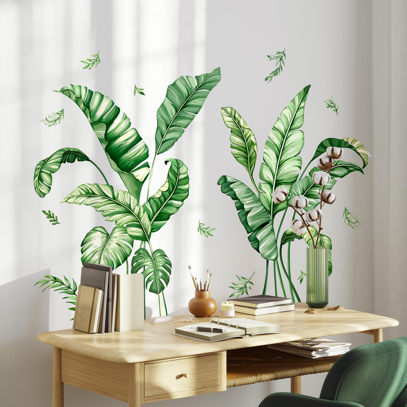 Tropical Palm Leaves Wall Decals, Large Green Plants Wall Stickers Vinyl Peel and Stick Wall Decal Self Adhesive Wall Art Sticker for Aisle Bedroom Office Sofa Backdrop Wall Home Decor